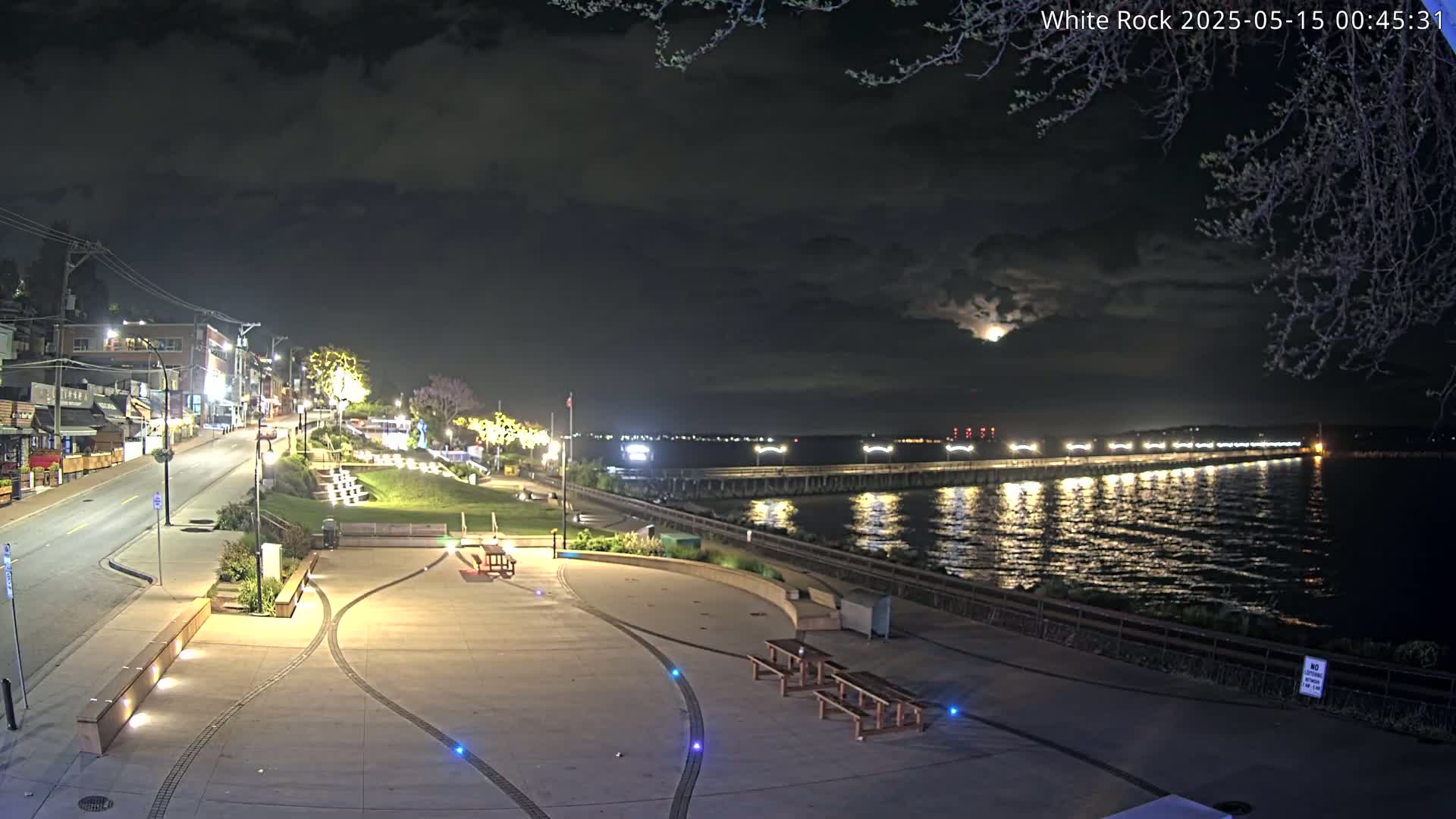 A nighttime view of a waterfront plaza with a long pier extending into a calm, moonlit body of water, buildings and streetlights illuminating the scene.