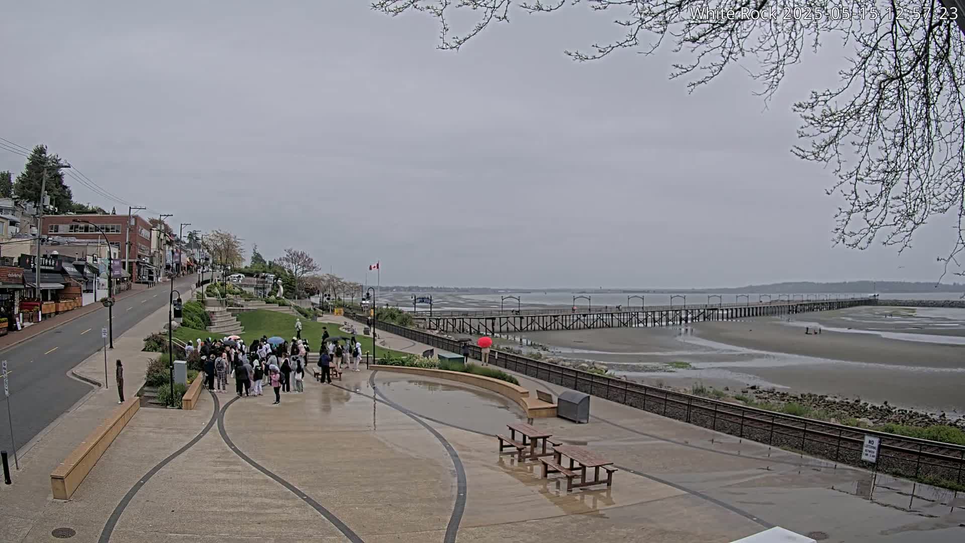 A wet, overcast day reveals a seaside town with a long pier extending into a flat, exposed bay, where a crowd of people gathers near a paved waterfront area with picnic tables.