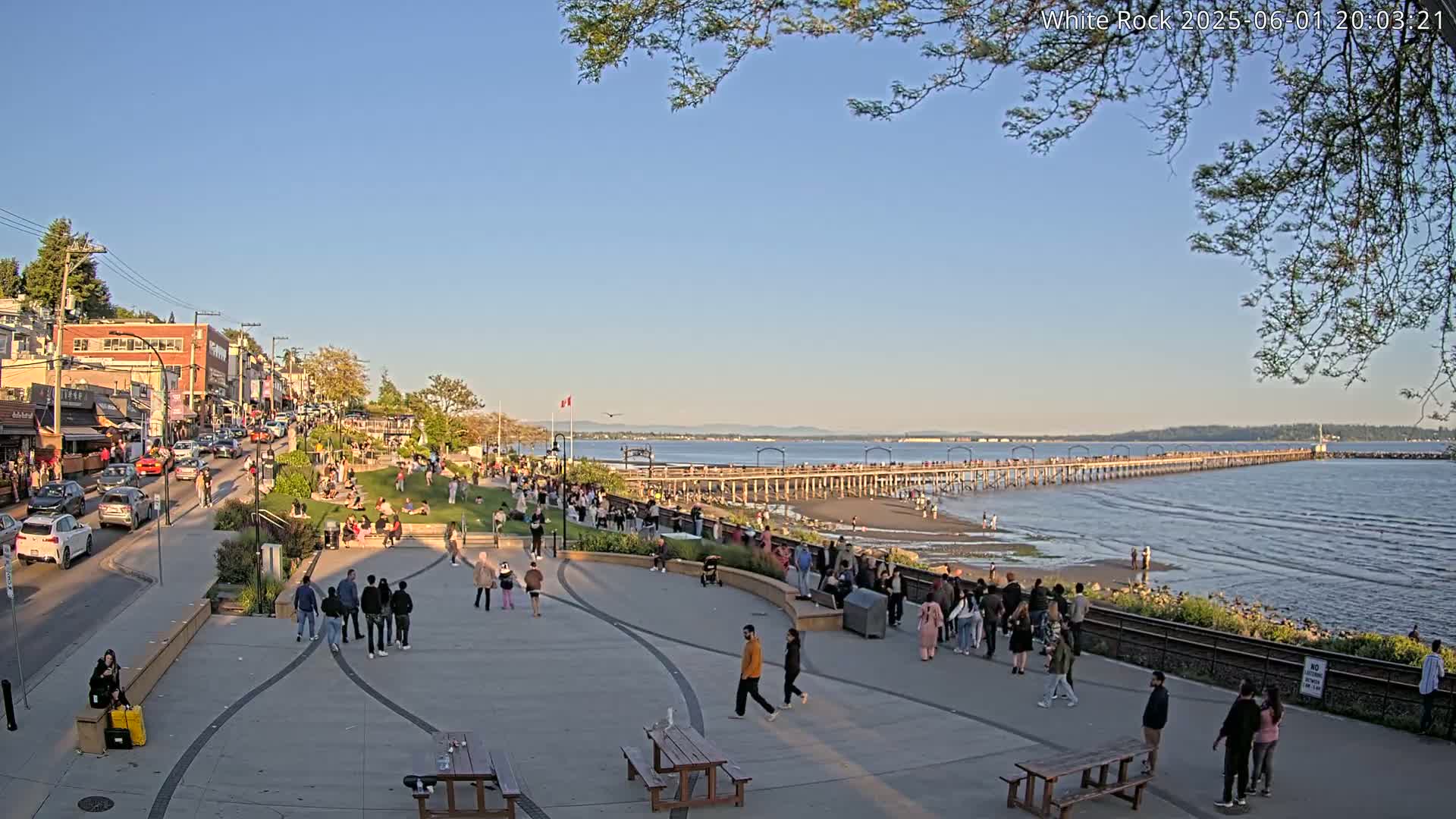 A sunny waterfront scene shows a pier crowded with people, a beach, and a paved area with people walking and sitting at picnic tables, all near a street with cars and buildings.
