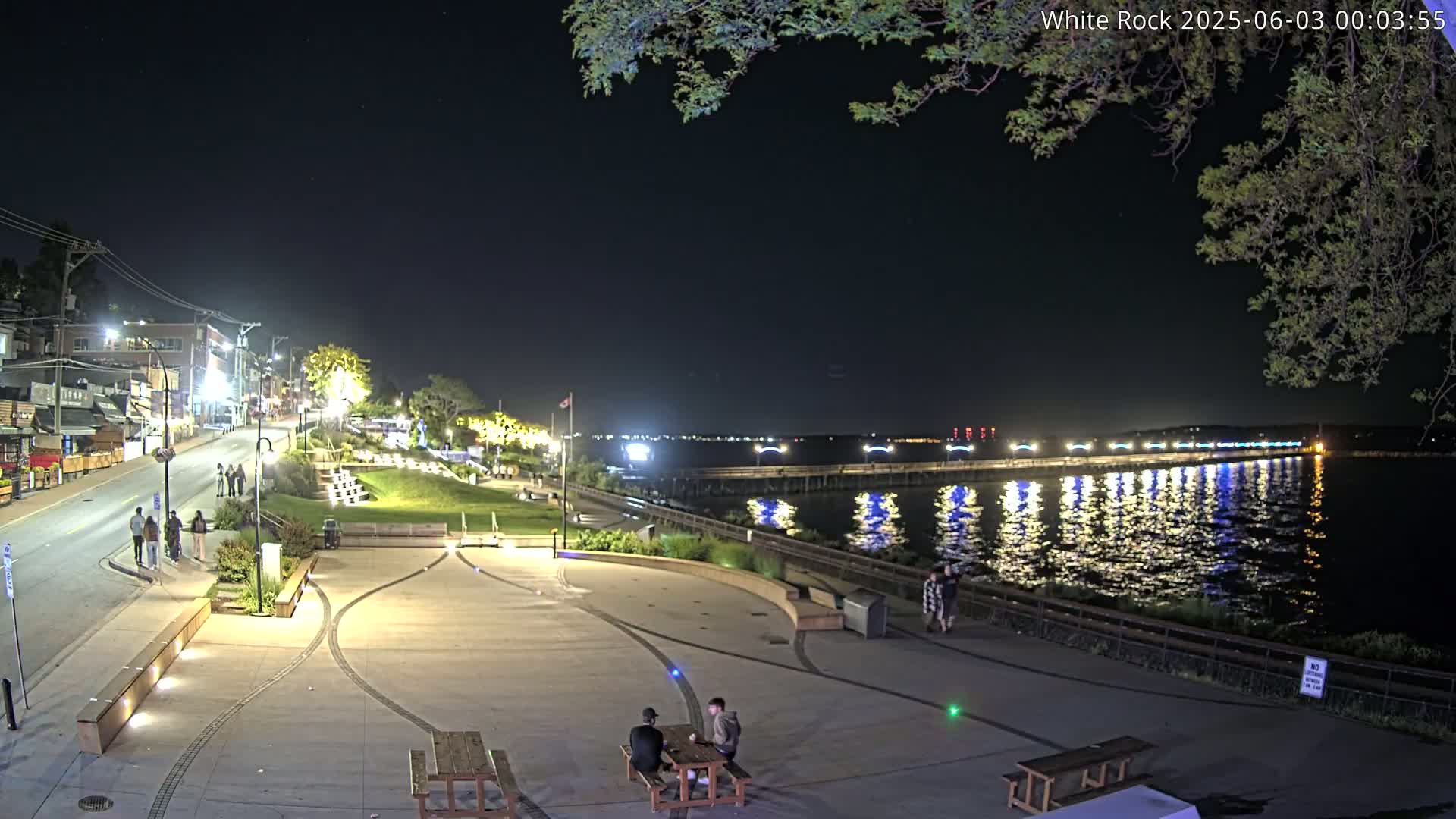 A nighttime view of a waterfront plaza with a few people, some picnic tables, and a long pier extending into a calm, illuminated body of water under a clear, starry sky.