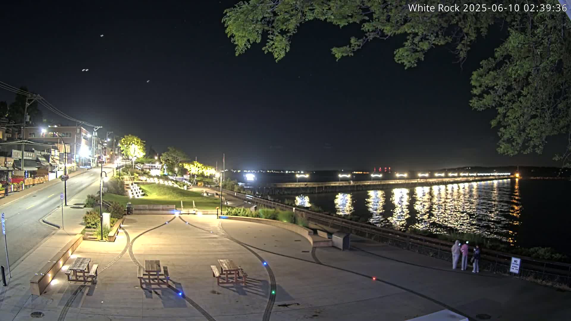 A nighttime view of a waterfront park with picnic tables, a paved area, and a long pier extending into a calm, dark body of water reflecting lights.