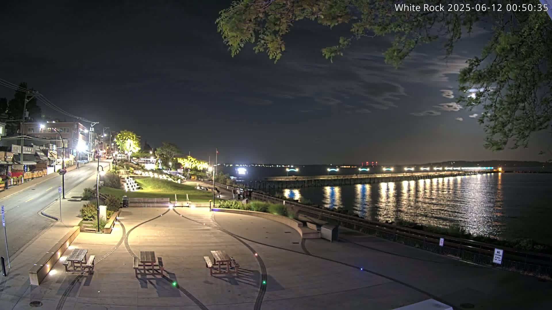 A nighttime view of a waterfront park with picnic tables, a paved walkway, and a long pier extending into a calm, moonlit body of water.
