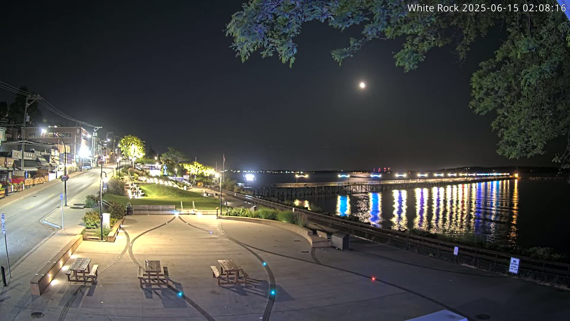 A nighttime view of a waterfront park with picnic tables, a paved area, and a street leading to buildings, all illuminated under a moonlit sky over calm water reflecting lights from a pier.