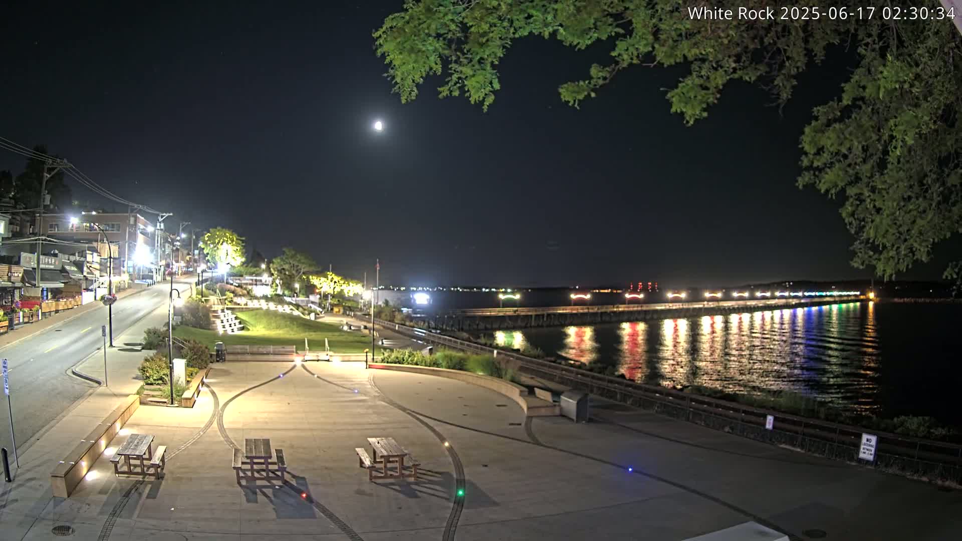 A nighttime view of a waterfront park with picnic tables, a roadway, and a brightly lit pier extending into calm water under a clear moonlit sky.