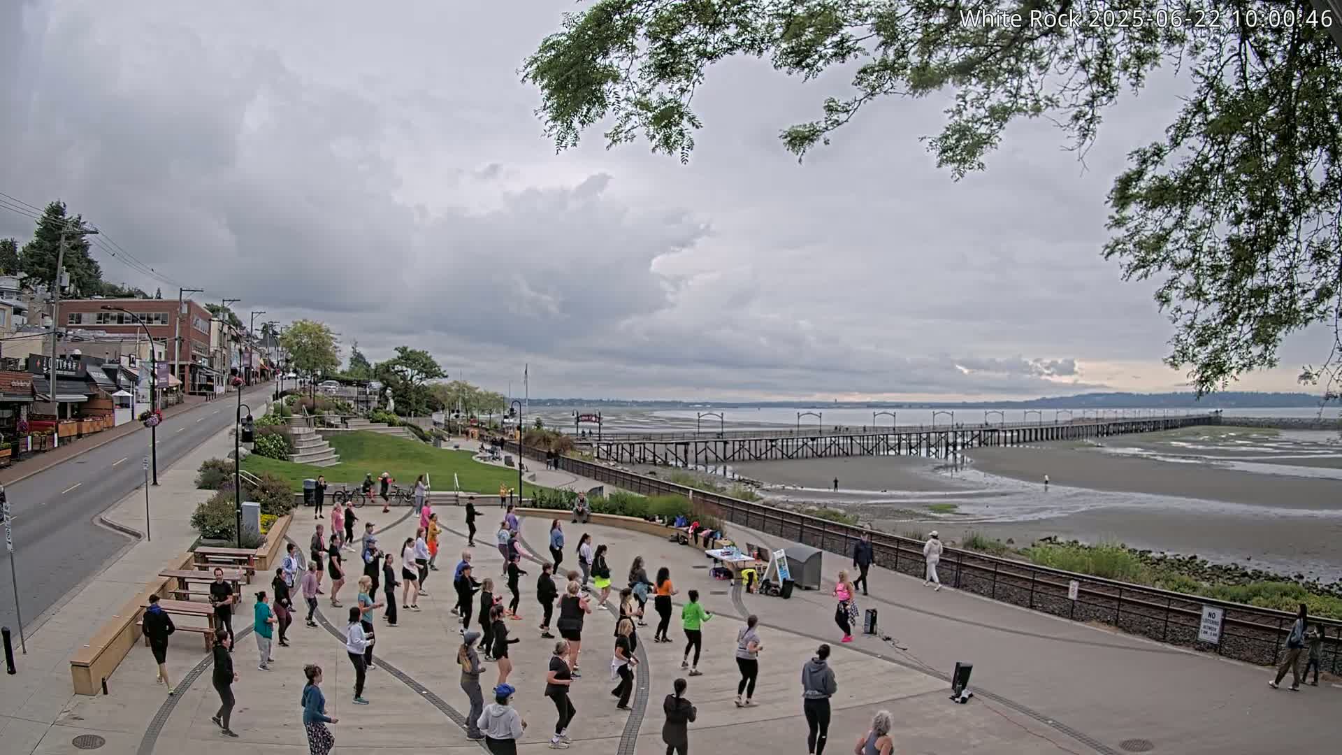 A large group of people are exercising outdoors in a paved plaza near a waterfront pier under an overcast sky.
