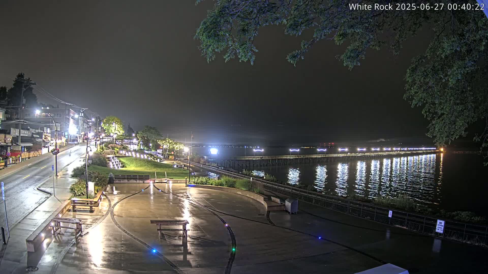 A rain-slicked waterfront plaza at night, illuminated by streetlights, overlooks a long pier extending into calm water under a dark sky.