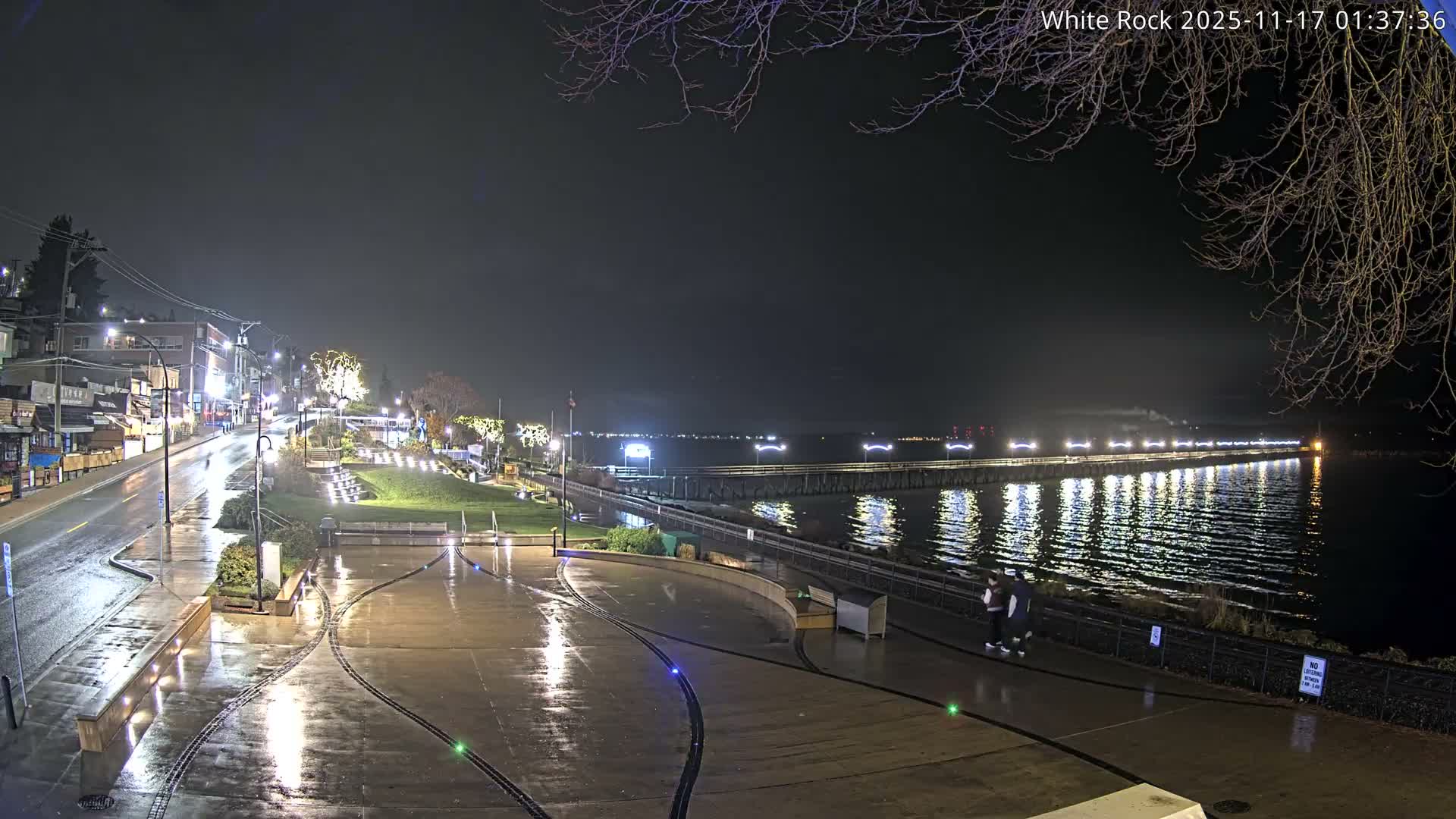 A nighttime view depicts a waterfront town with a long, illuminated pier extending into dark, reflective water, while wet pavement and roads, glimmering with reflections from abundant lights, indicate recent rain under an overcast sky.