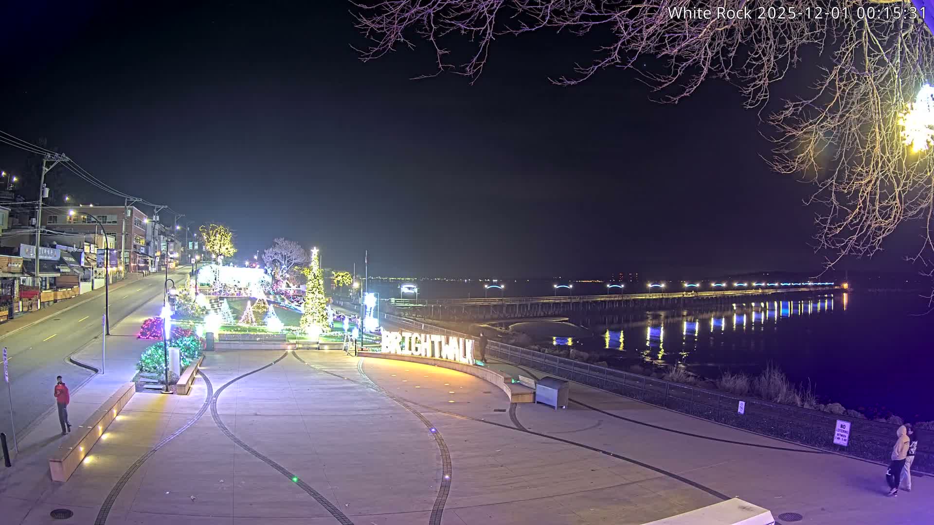 On a clear night, a brightly lit waterfront promenade adorned with festive Christmas lights and trees extends alongside a calm body of water that reflects a distant, illuminated pier, with a few people strolling in the foreground.