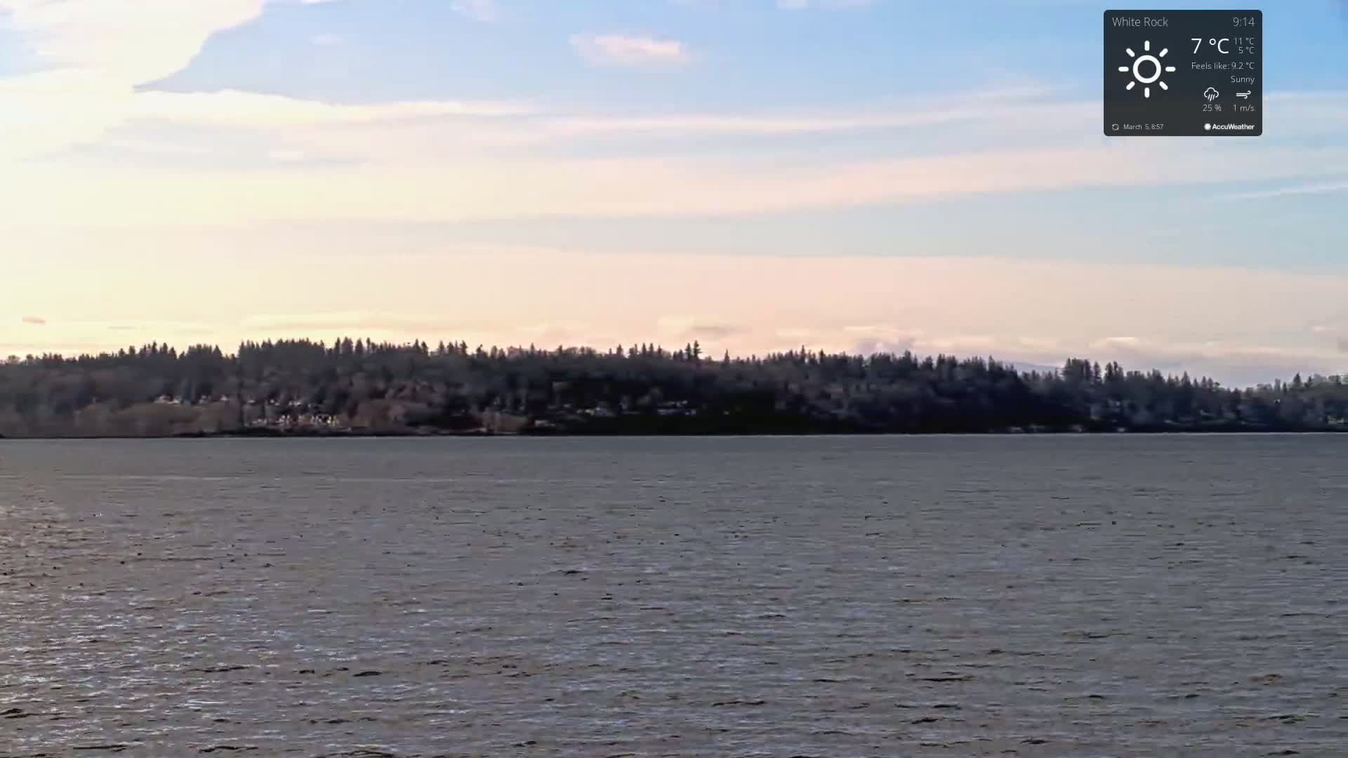 A calm body of water stretches out to a tree-lined shore under a partly cloudy, sunny sky.