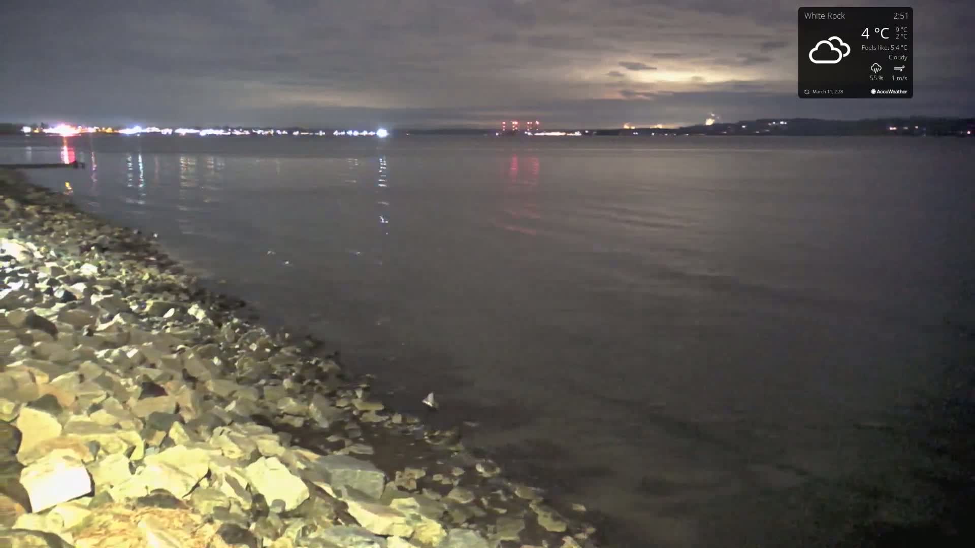 A rocky shoreline at night under a cloudy sky overlooks a calm body of water reflecting distant city lights.