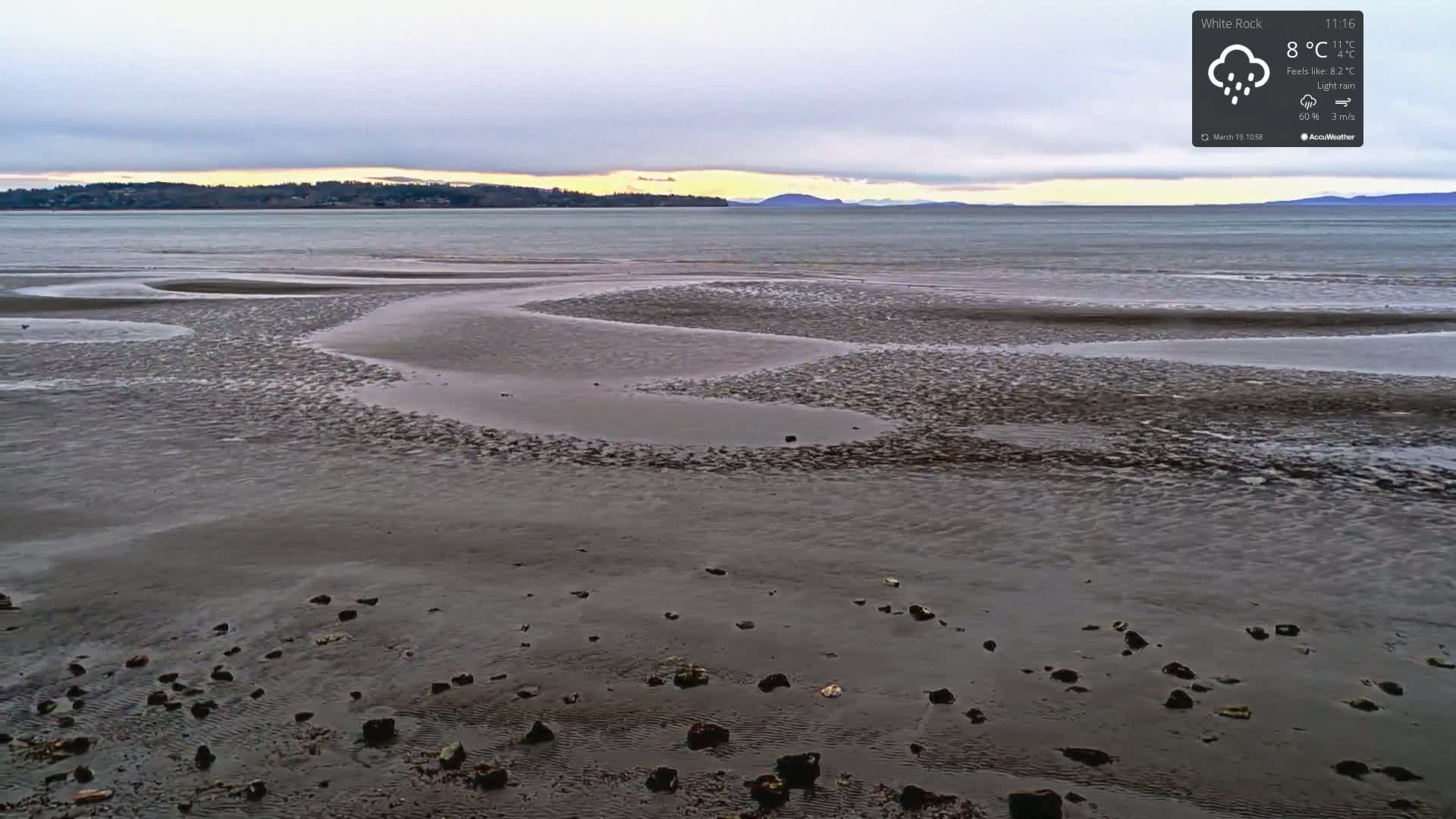 A wide shot of a dark, sandy beach at low tide under a cloudy sky with light rain shows a calm body of water extending to a distant shoreline.