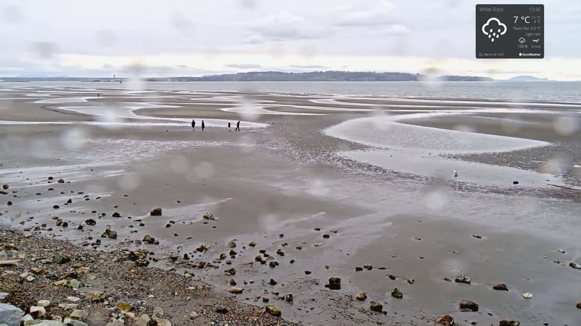 A wide, flat sandy beach with winding channels of water is shown under a light rain, with a few people walking in the distance and a rocky shoreline in the foreground.