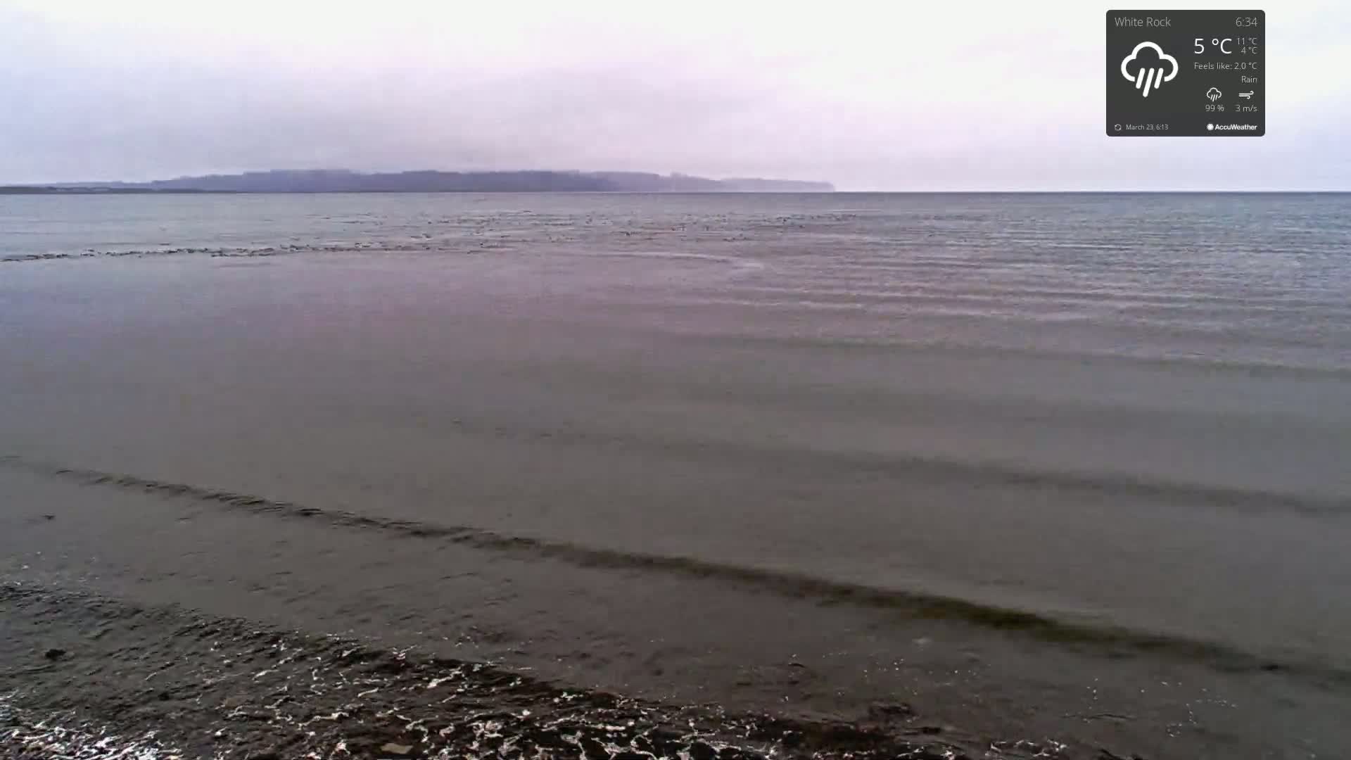 A dark, wavy ocean meets a gray beach under an overcast sky, with rain.