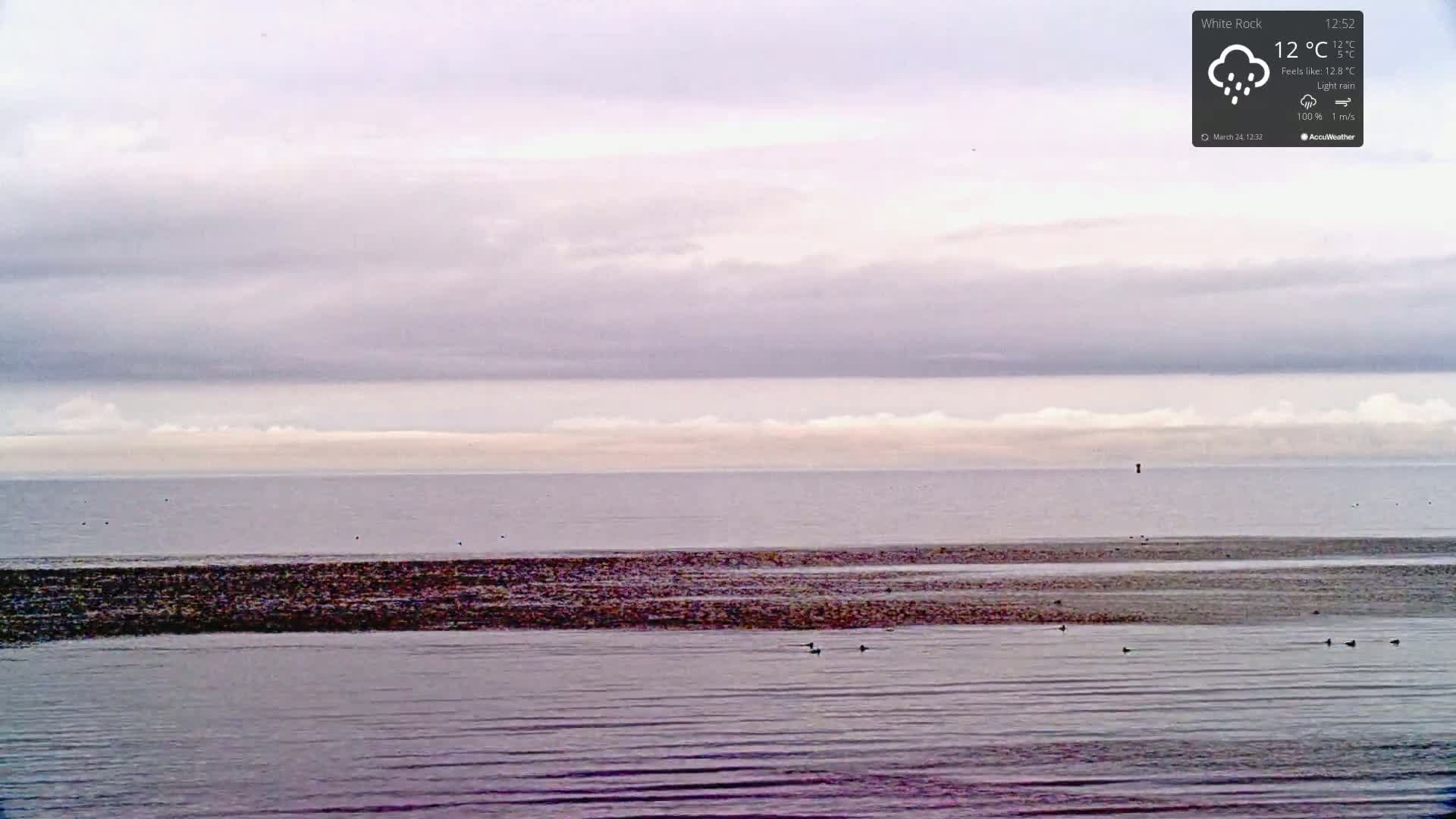A calm sea under a mostly cloudy, light rain sky.