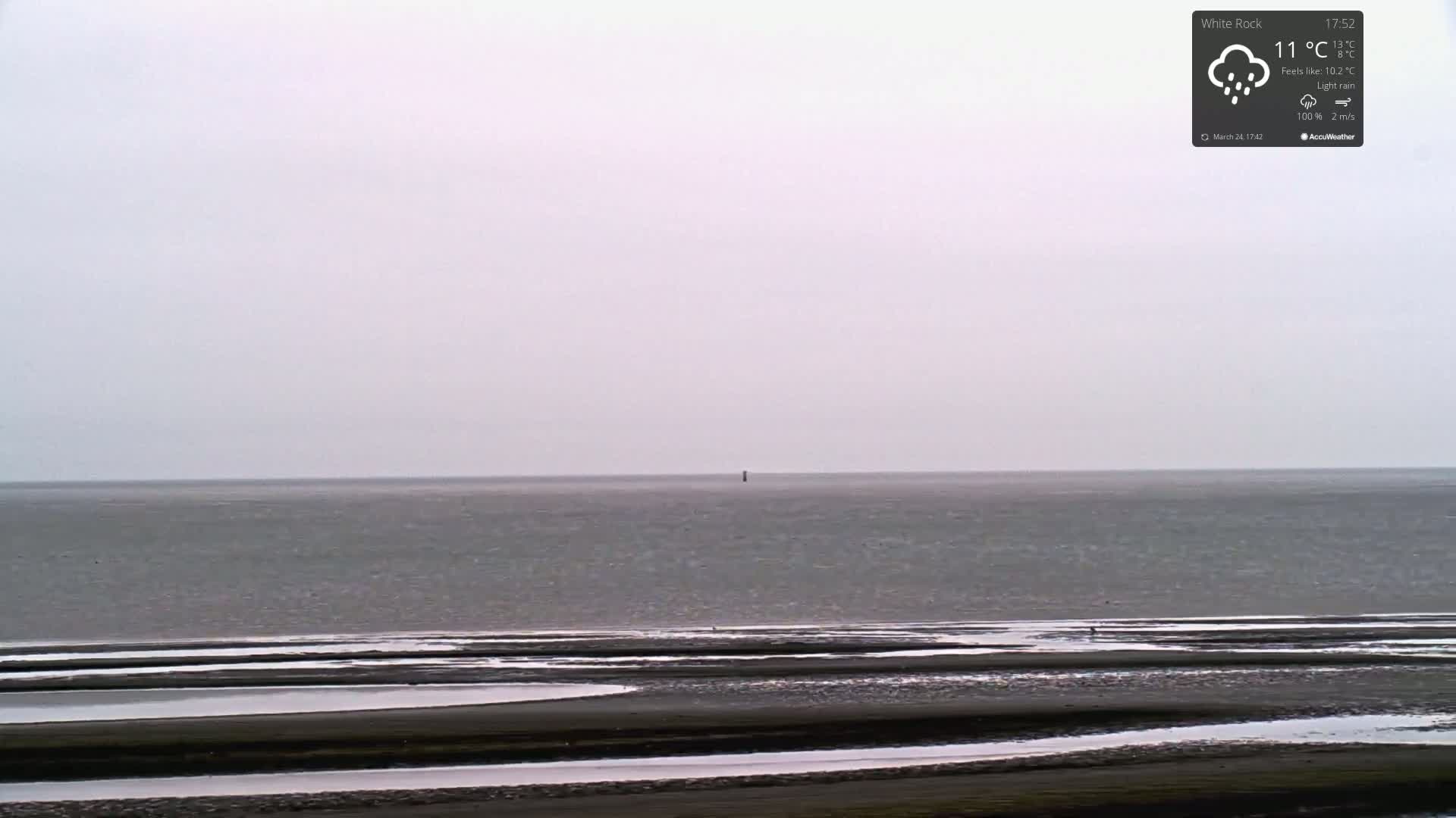 A calm, gray sea stretches to a flat, overcast sky under conditions of light rain.