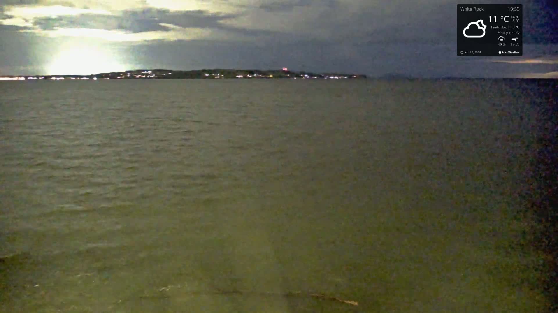 A mostly cloudy night scene shows a calm body of water with a distant, dimly lit shoreline.