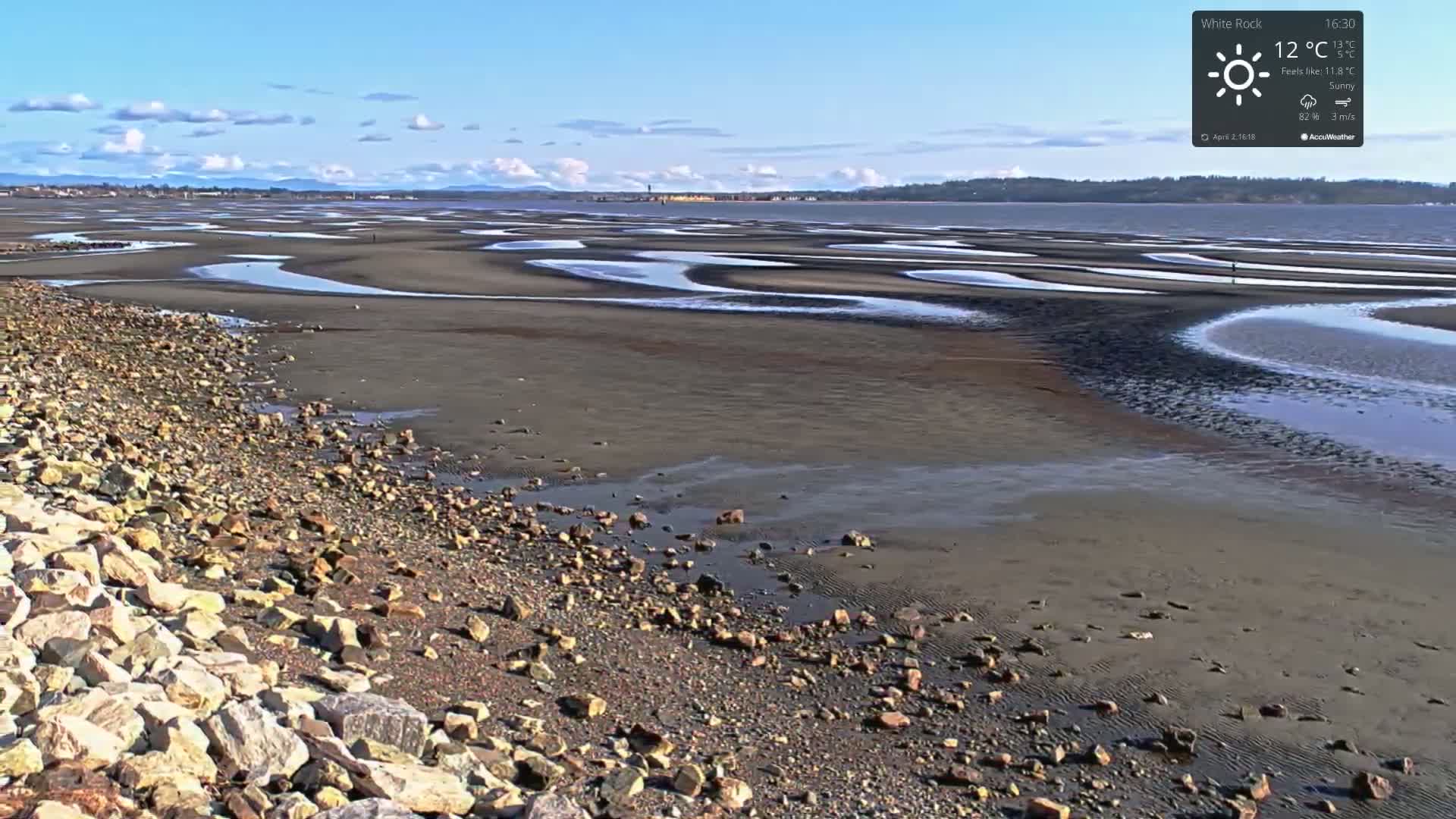A rocky shoreline meets a wide expanse of tidal flats with winding channels of shallow water under a sunny sky.