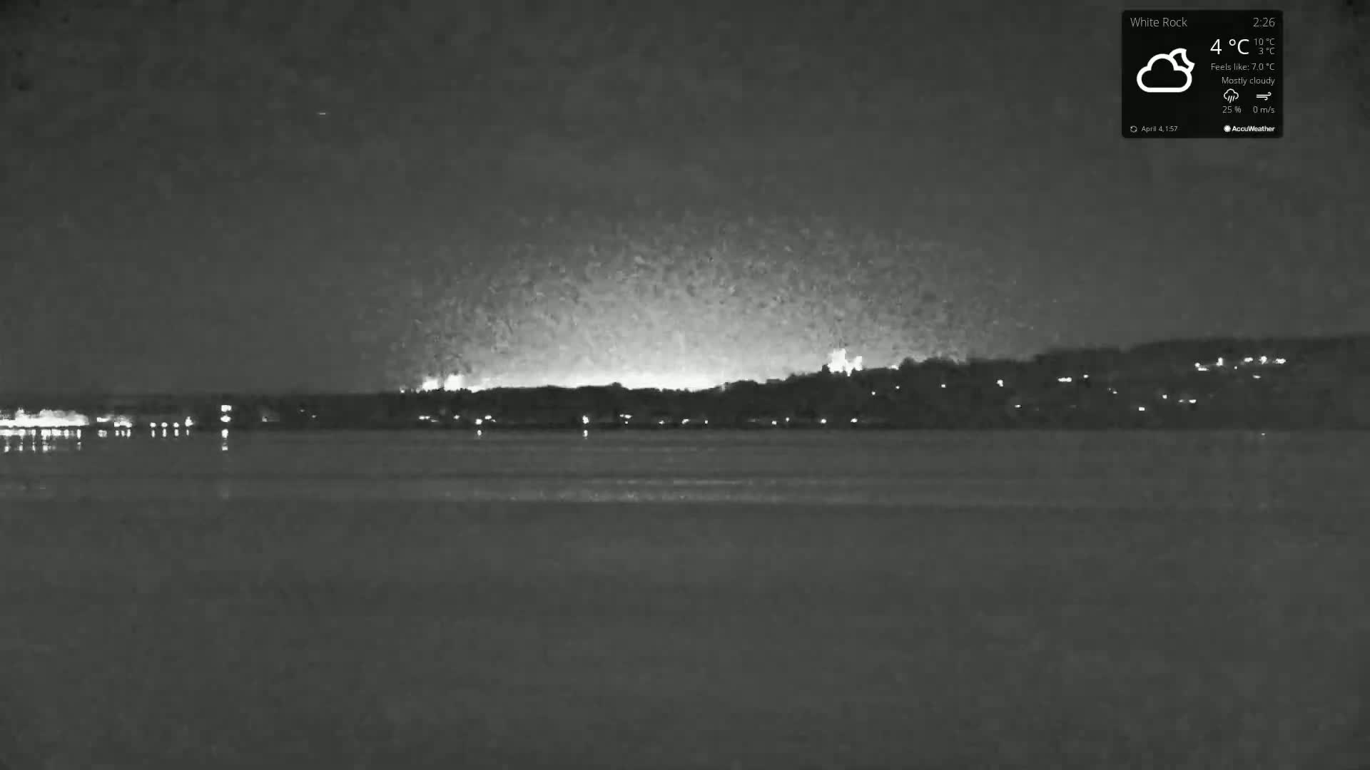 A nighttime, mostly cloudy view of a calm body of water with a distant, dimly lit shoreline.