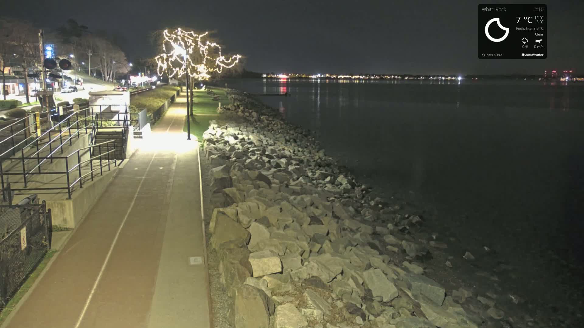A nighttime view of a paved walkway beside a rocky shoreline and calm body of water, with a tree decorated with lights in the background under a clear sky.