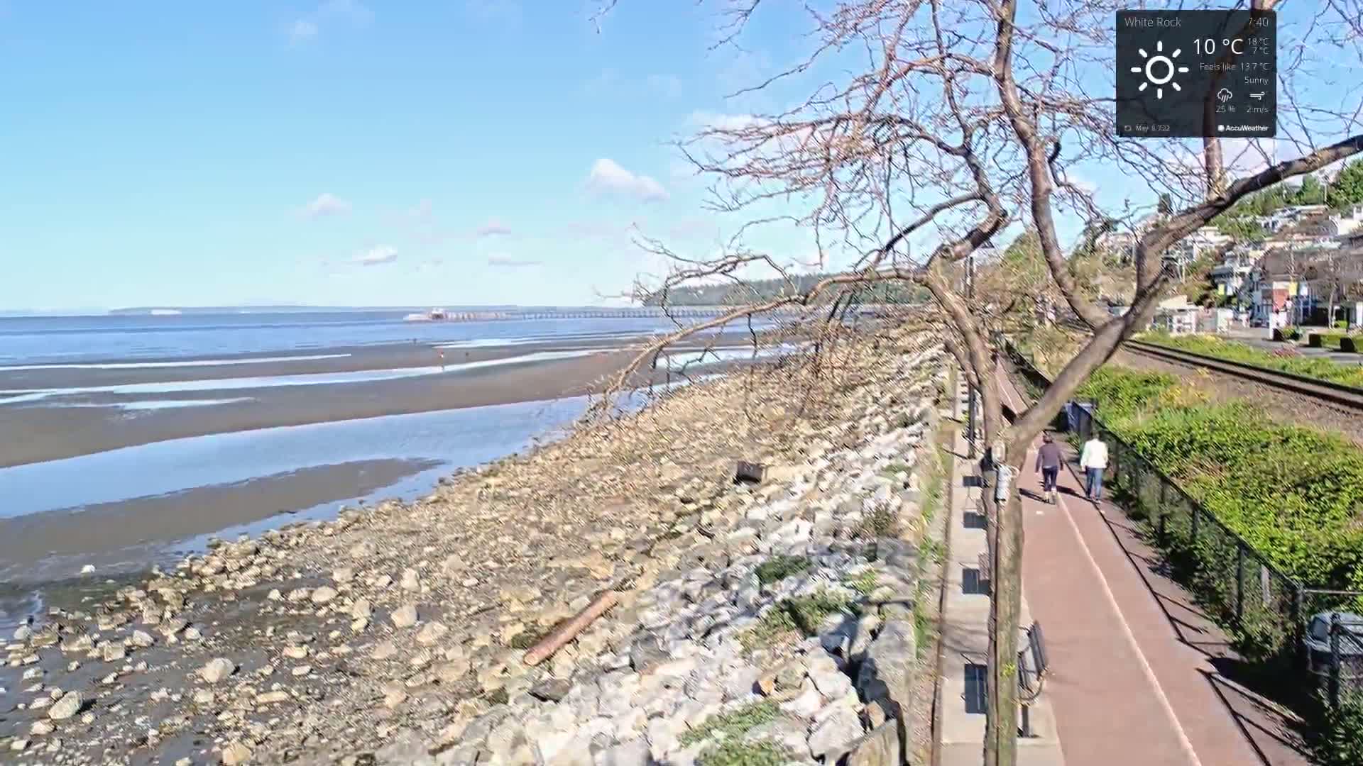 A sunny day reveals a rocky shoreline with a paved walkway next to train tracks, where two people stroll, overlooking a calm body of water and a distant pier.