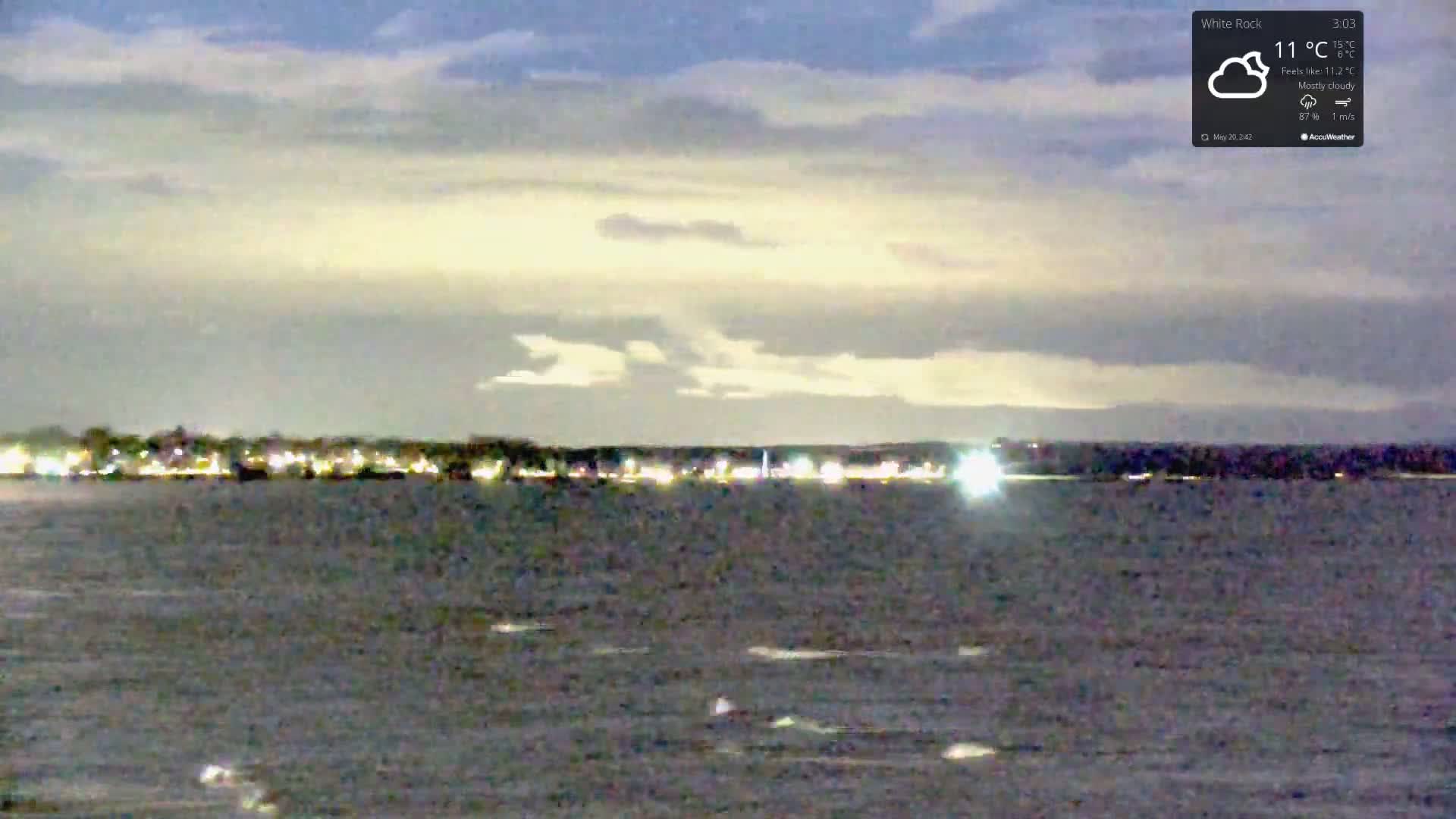 A mostly cloudy night scene shows a body of water with a distant, light-dotted shoreline.
