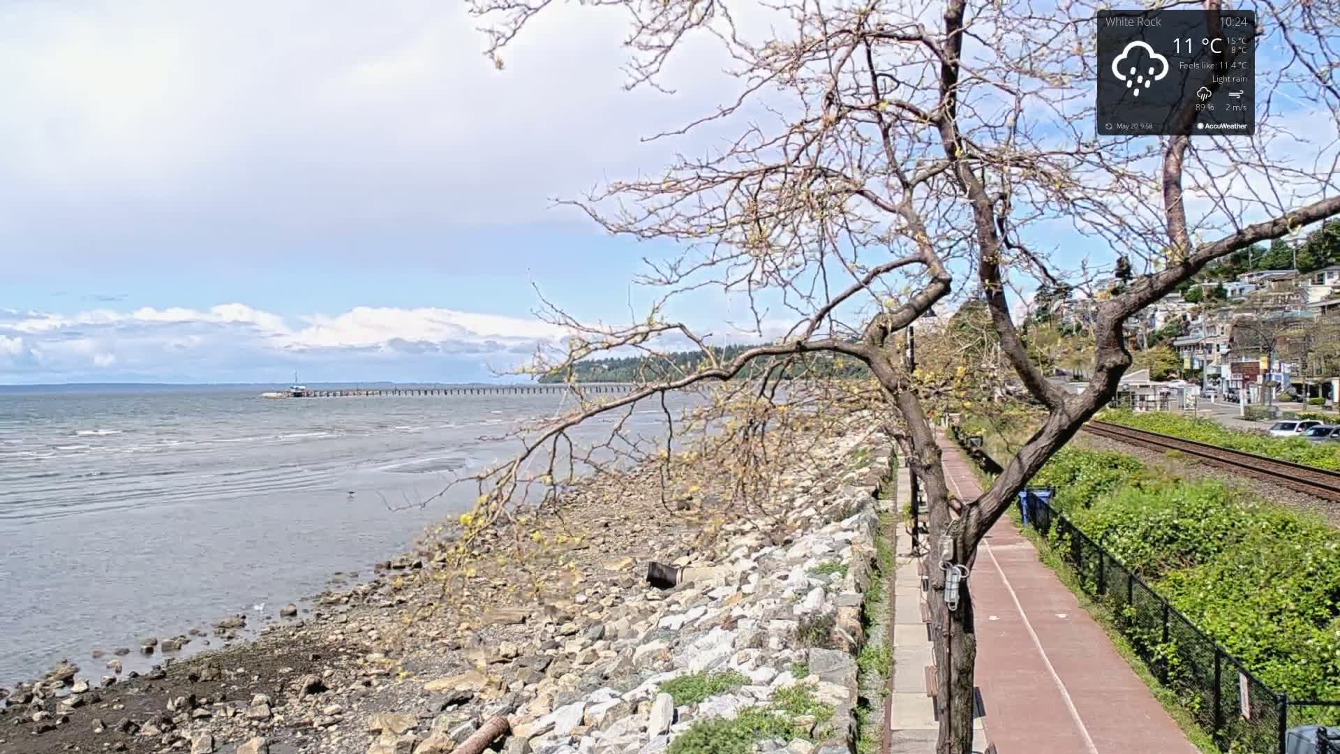 A rocky shoreline with a pathway and a distant pier is visible under a partly cloudy sky with light rain.