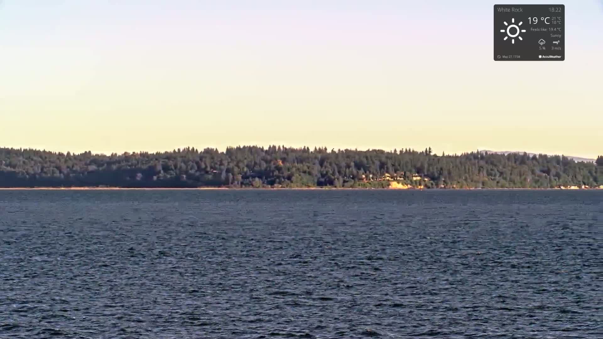 A calm body of water stretches to a tree-covered shoreline under a sunny sky.