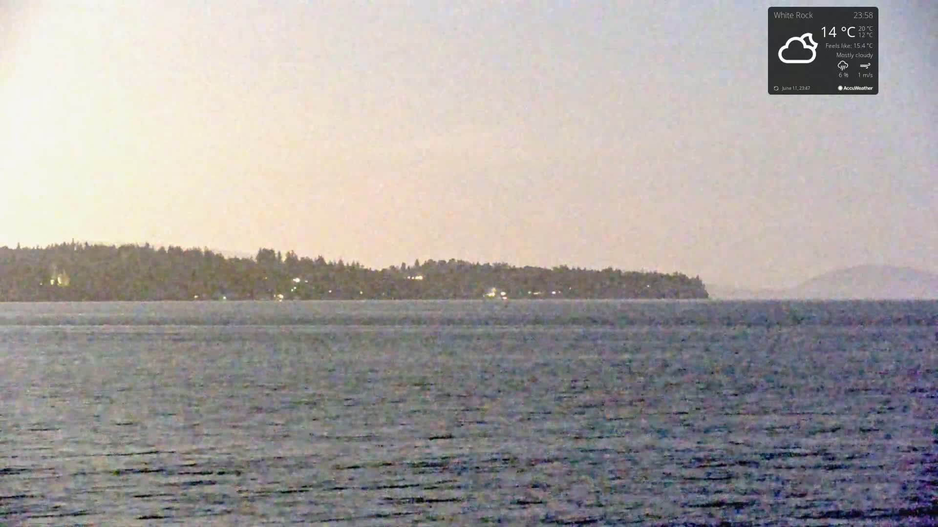 A mostly cloudy evening scene shows a body of water with a distant treeline under a pale sky.