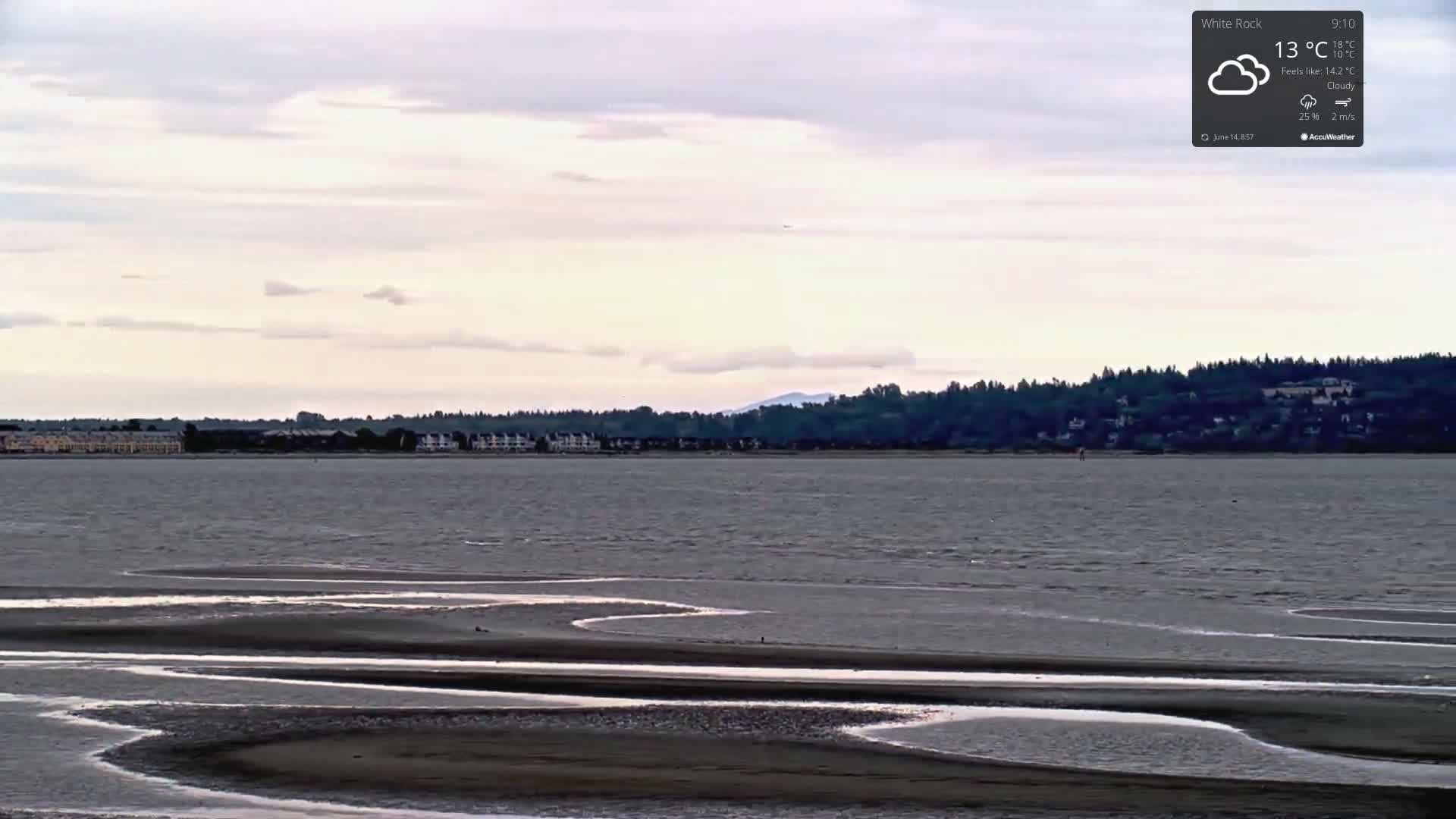 Under a cloudy sky, a calm body of water reveals exposed sandbars patterned with winding channels, with a distant shoreline featuring buildings and trees.