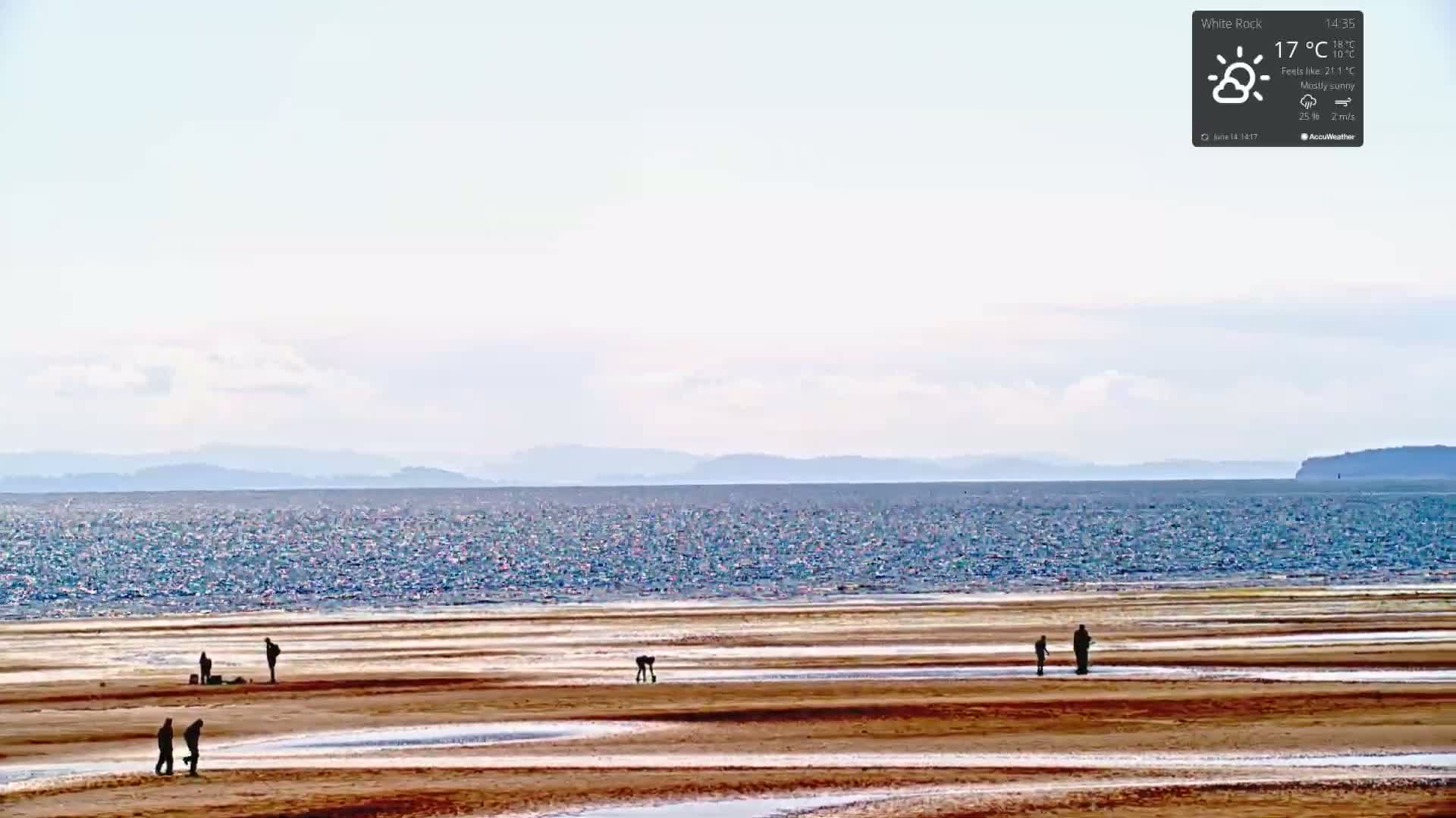 Under a cloudy sky, a calm body of water reveals exposed sandbars patterned with winding channels, with a distant shoreline featuring buildings and trees.