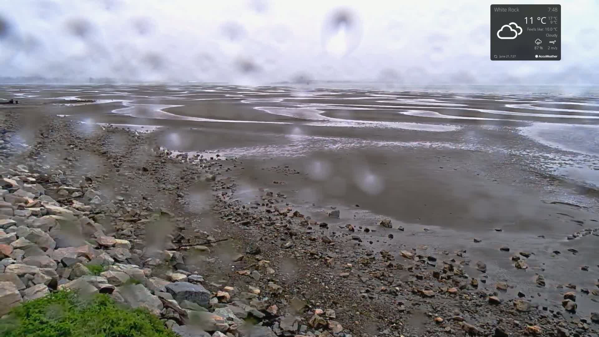 A rocky shoreline during a rainy, cloudy day reveals a vast expanse of mudflats patterned with winding channels of water.