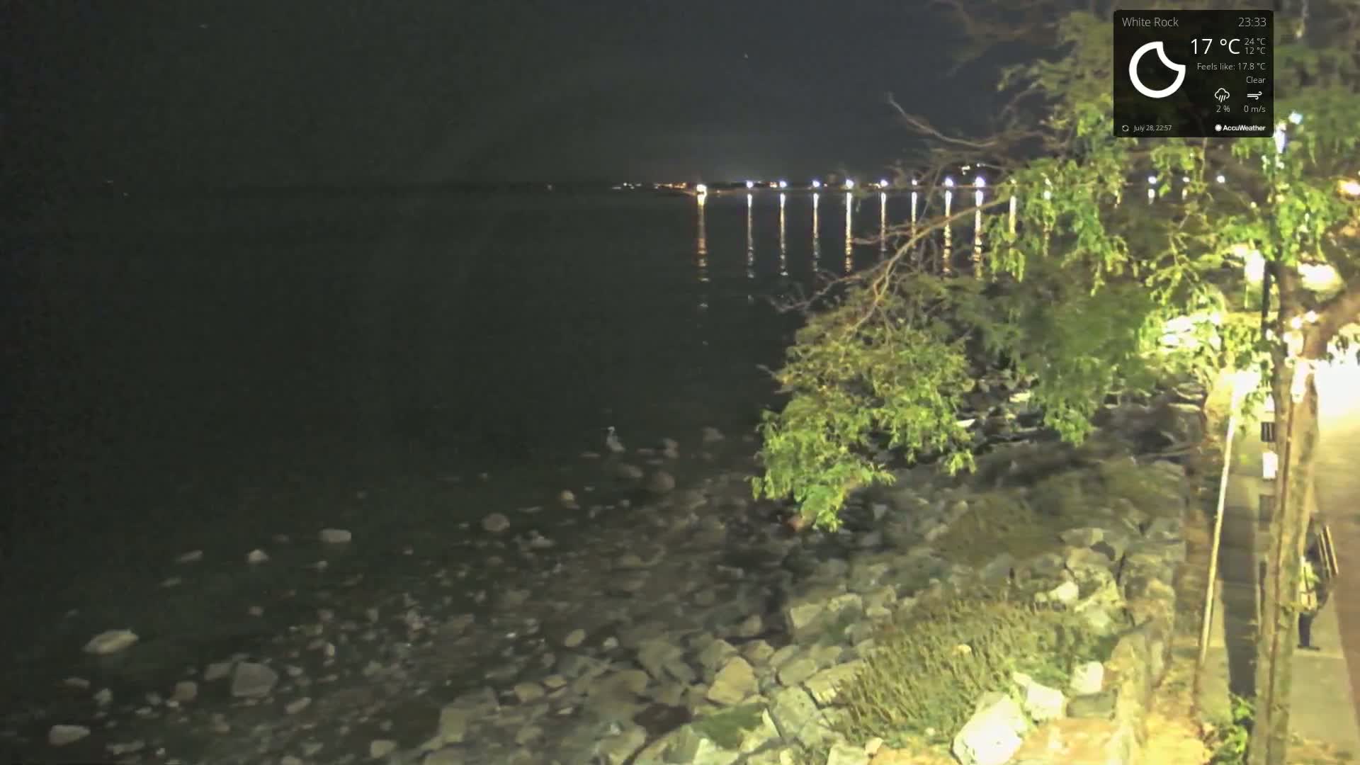 A nighttime view of a rocky shoreline and calm dark water, with lights reflecting on the water in the distance under a clear sky.