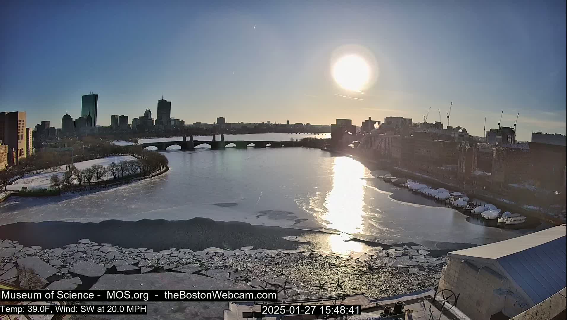 A sunny, cold day with a 20 mph southwest wind shows a partially frozen river flowing through a city, with ice floes breaking apart near the shore.