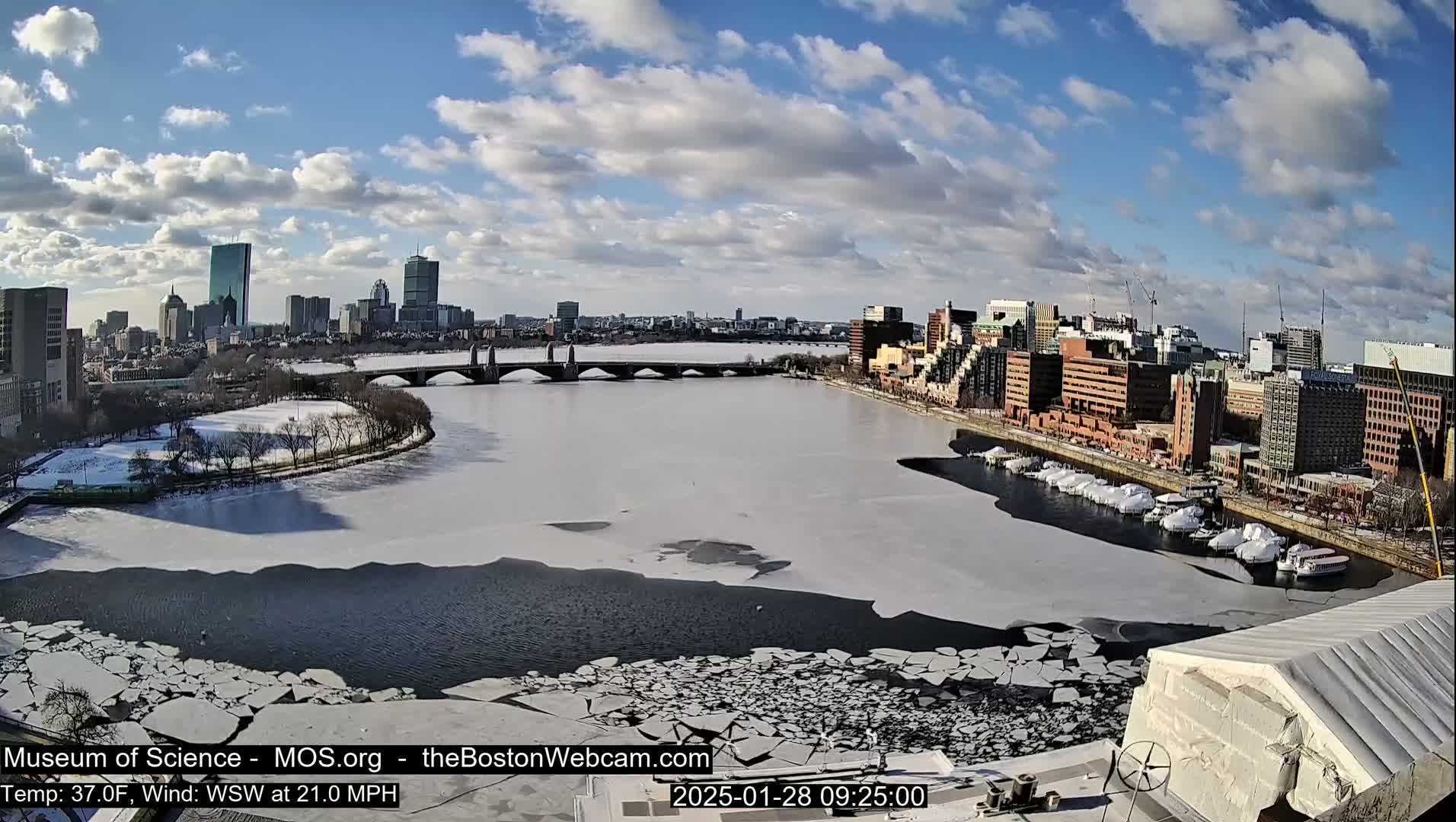 A partly sunny day with a 21 mph wind shows a partially frozen river flowing past a city skyline with a bridge and docked boats.