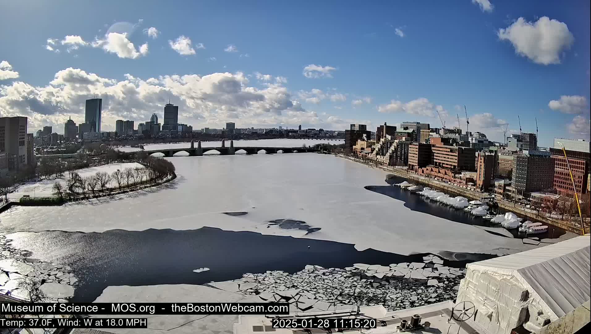 A partly sunny day with a west wind at 18 mph shows a partially ice-covered river flowing past a city skyline with several bridges.