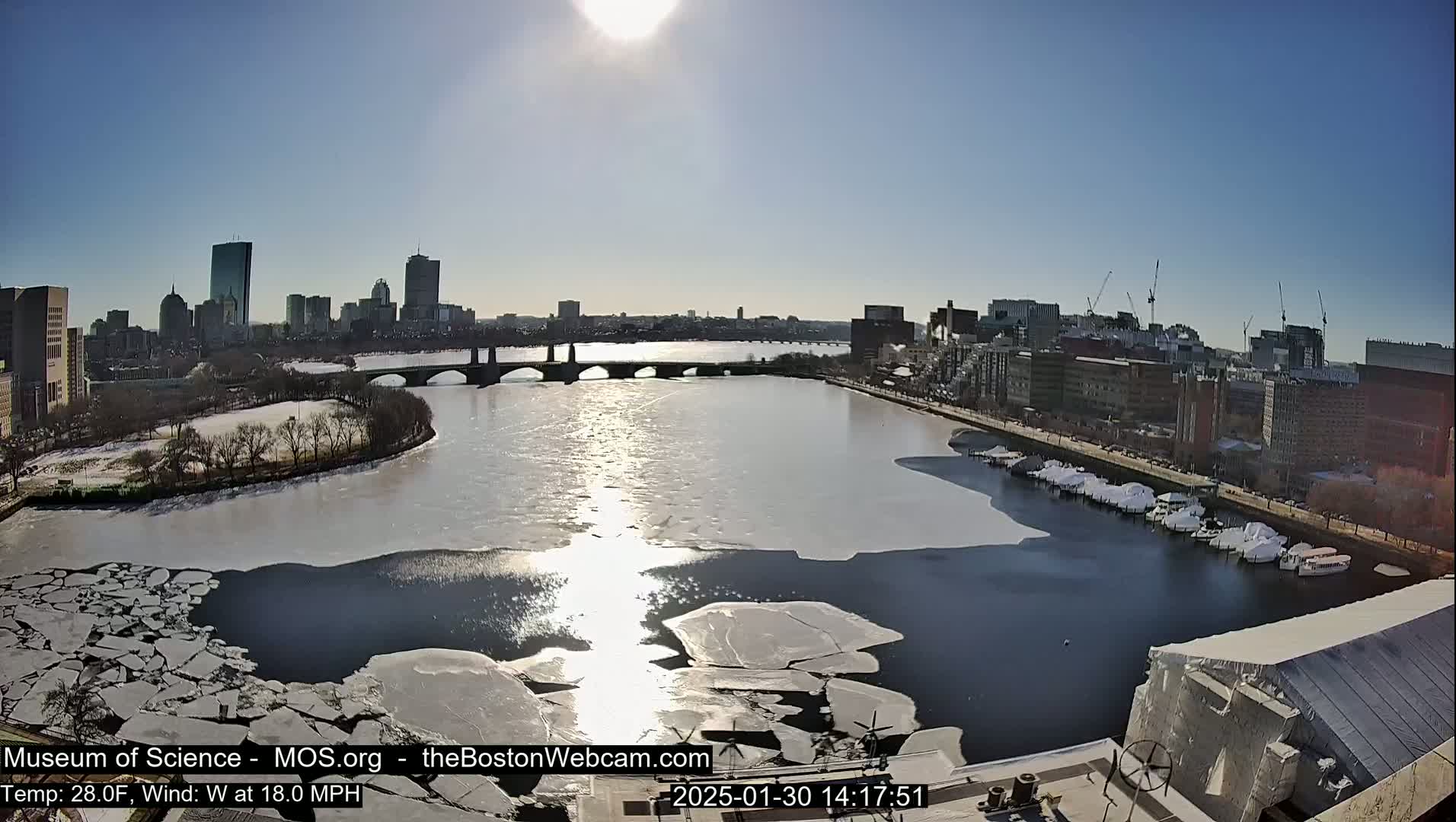 A sunny, windy day shows a partially frozen river flowing past a city skyline with boats docked along the shore.
