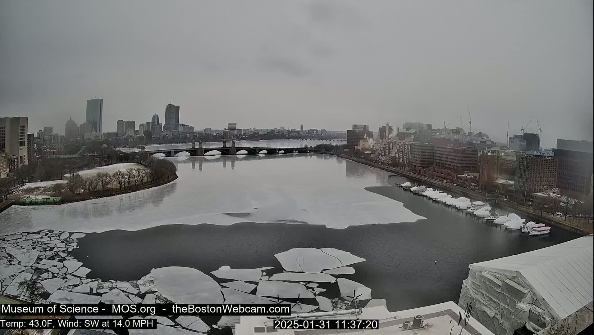 A city skyline is visible across a partially frozen river with broken ice floes, under an overcast sky.
