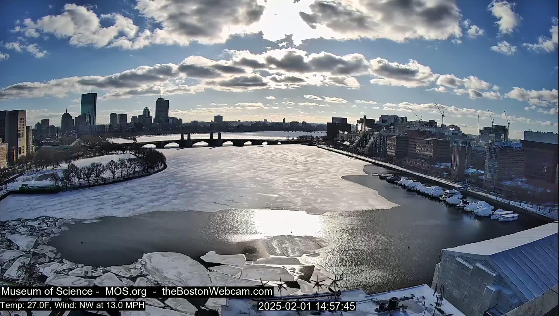 A partly sunny day with a northwest wind shows a partially ice-covered river flowing past a city skyline and a bridge, with boats docked along the shore.