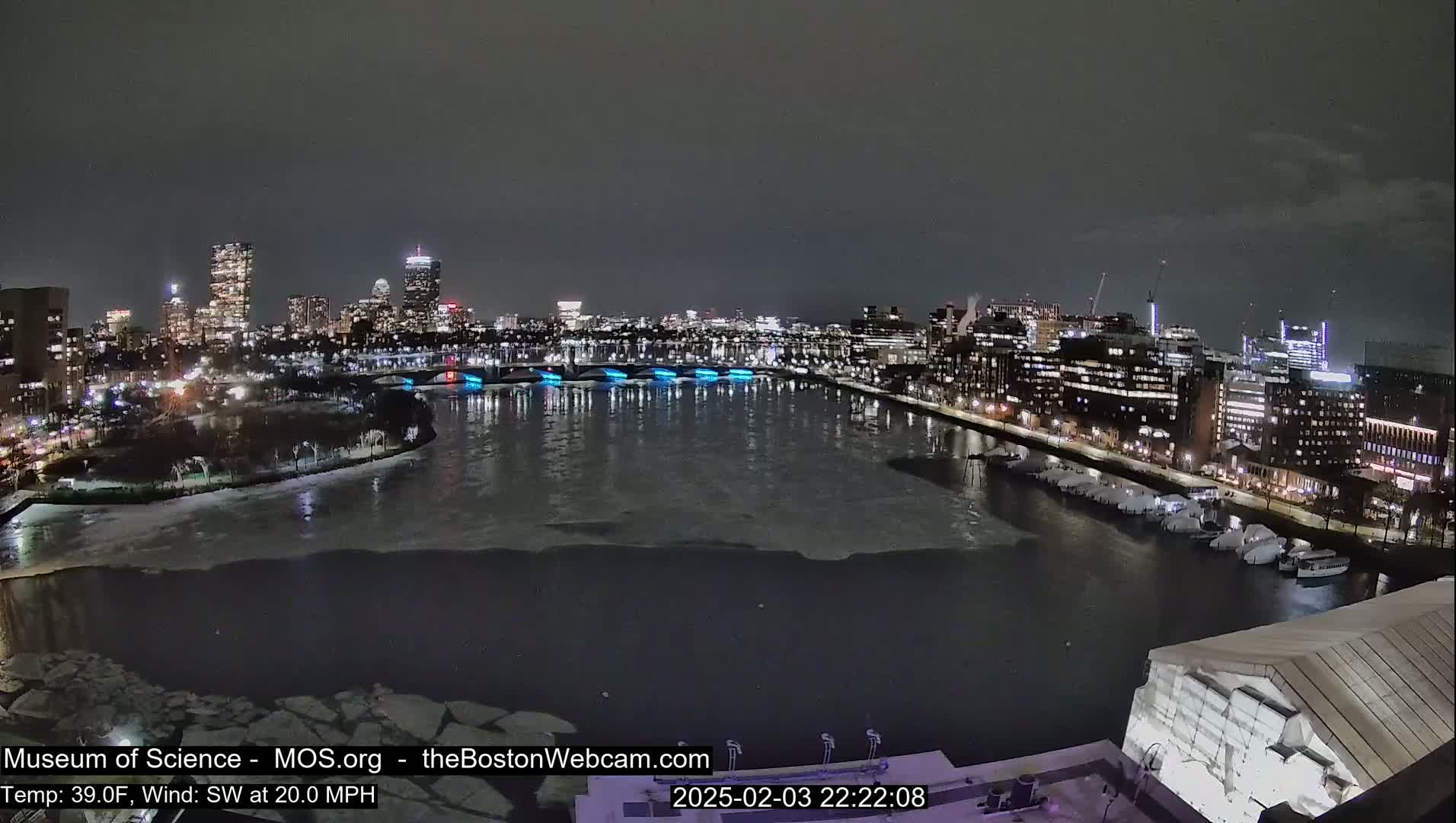 A nighttime view of a city skyline across a partially ice-covered river, with a strong southwest wind.