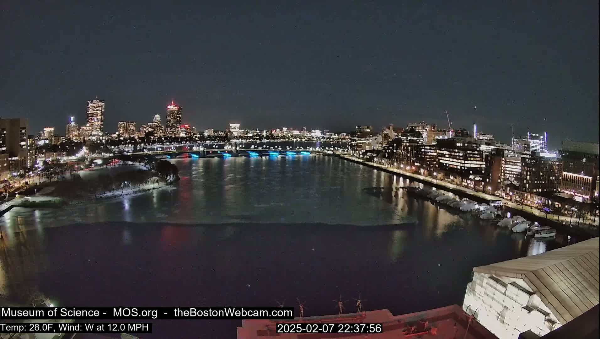 A nighttime view of a city skyline across a partially frozen river, with a strong west wind.