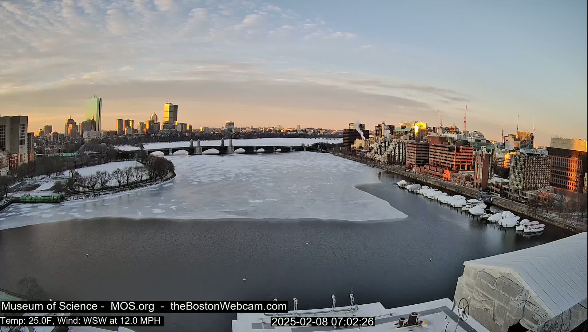 A city skyline at sunrise, with a partially ice-covered river, a bridge, and docked boats, under a partly cloudy sky with a 25°F temperature and a 12 mph wind.