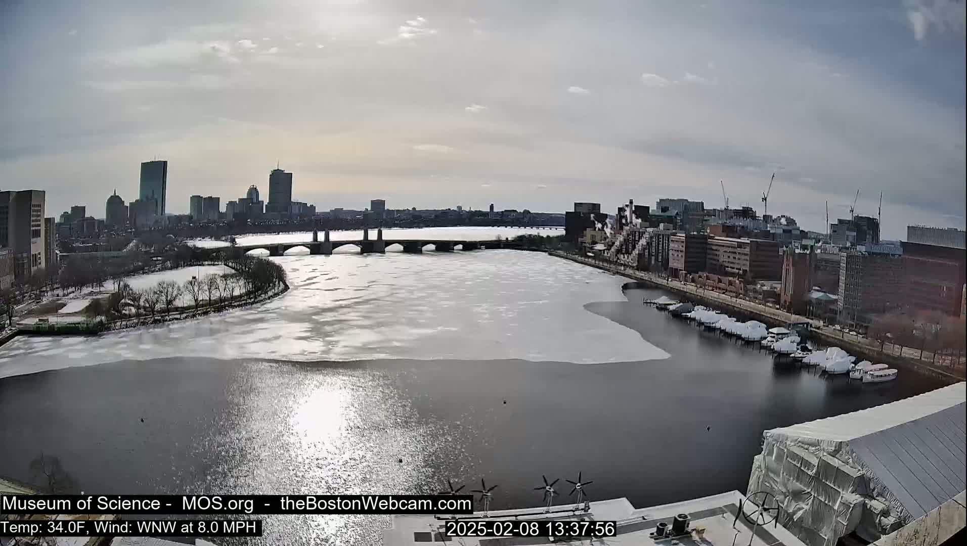 A partially frozen river flows past a city skyline under a partly cloudy sky.
