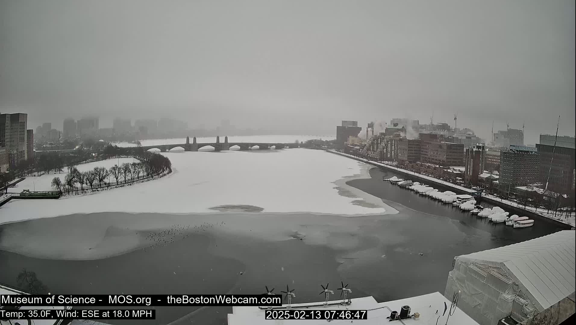 A snow-covered river with a bridge and city skyline in the background during a snowstorm.