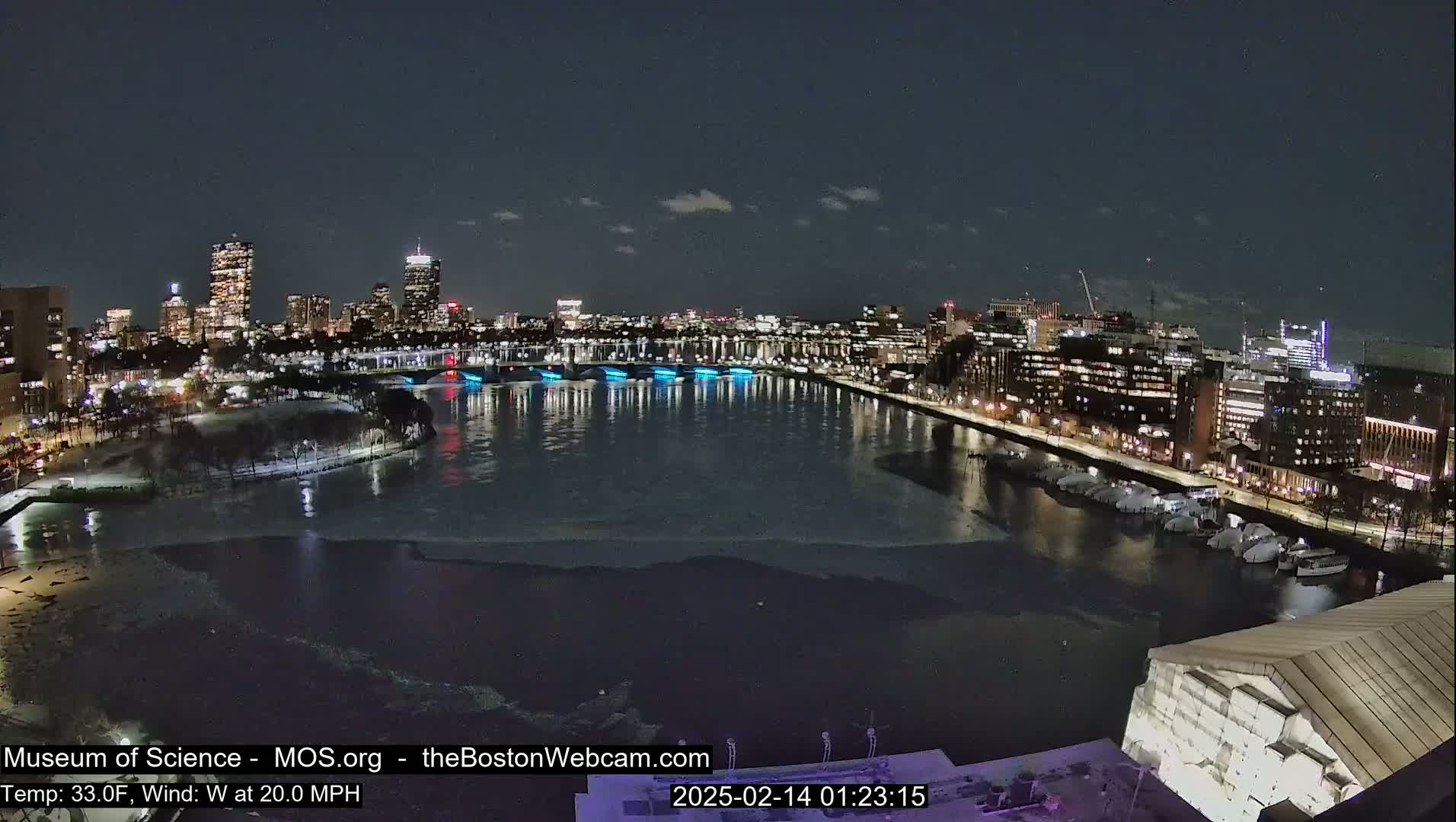 A nighttime cityscape with a partially frozen river, illuminated buildings, and a bridge with blue lights, under a partly cloudy sky with a 20 mph west wind and a temperature of 33°F.