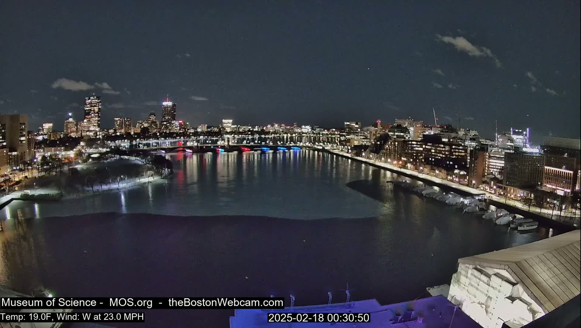 A nighttime cityscape with a partially frozen river, under a clear sky, and a strong west wind.
