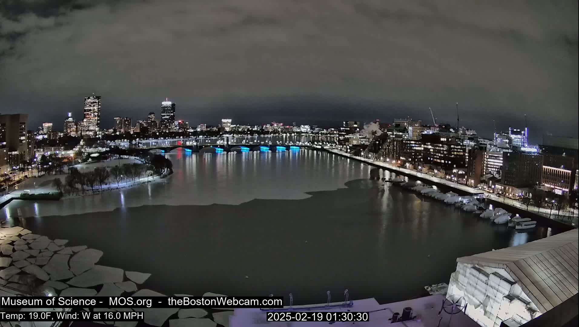 A nighttime view of a city skyline across a partially frozen river with a strong westerly wind and a temperature of 19 degrees Fahrenheit.