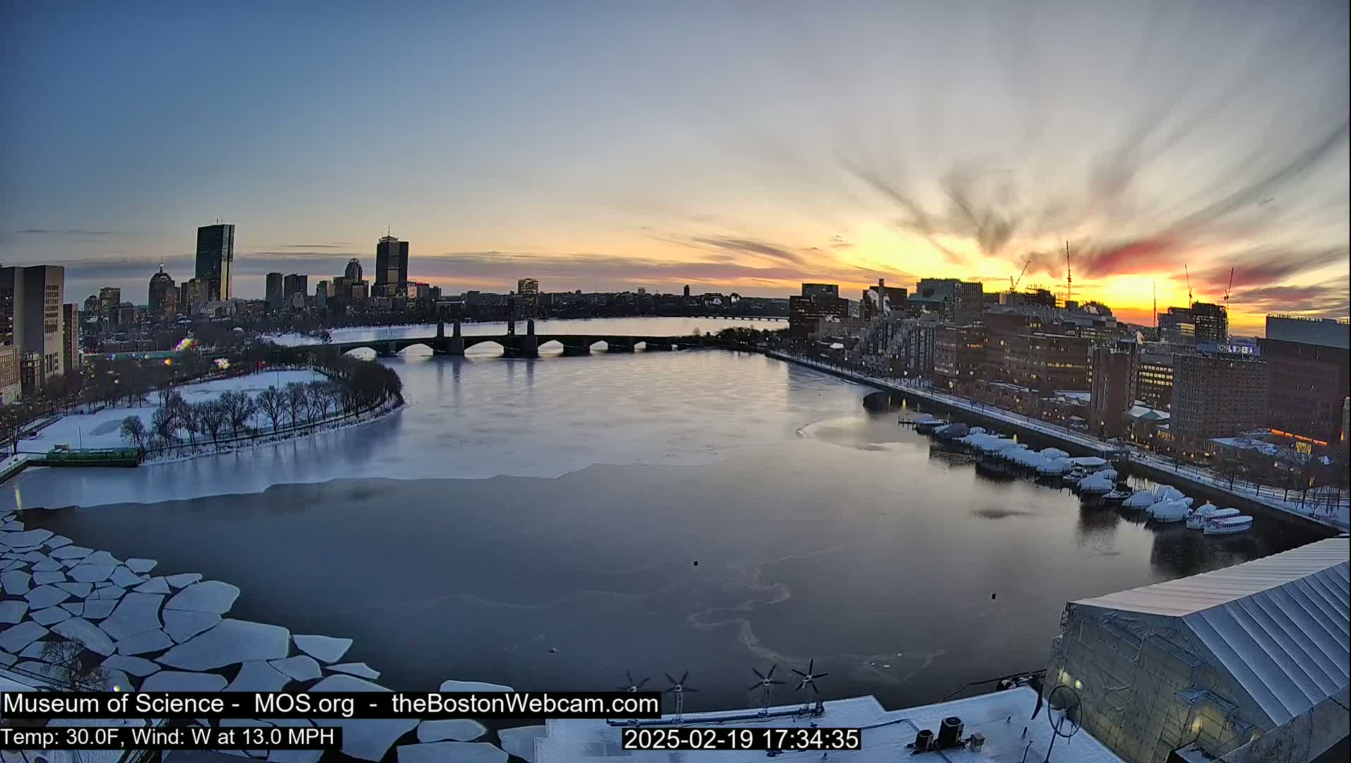 A partially frozen river flows past a city skyline at sunset, with snow covering the ground and a 30°F temperature and 13 mph westerly wind.