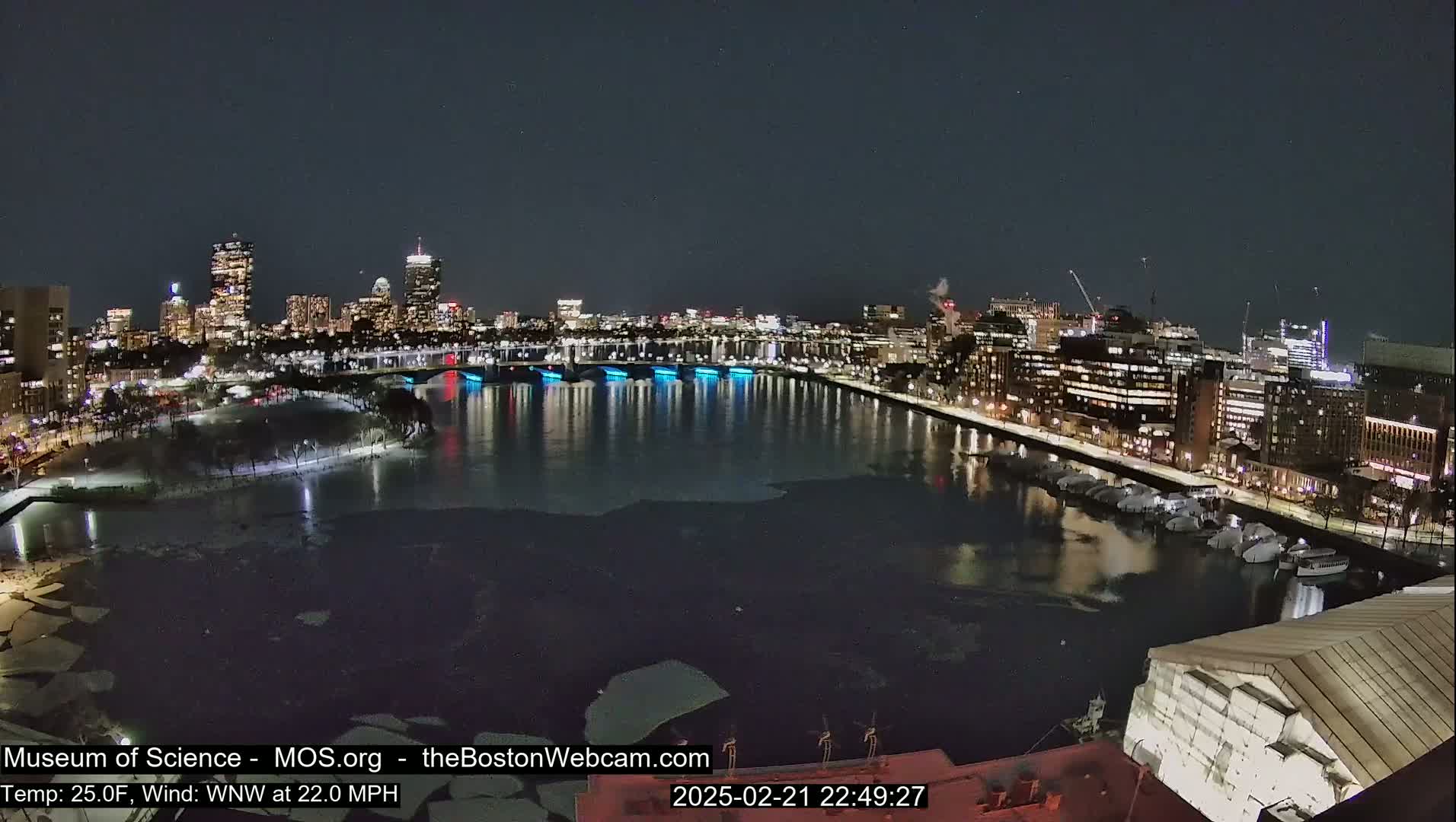 A nighttime cityscape with a partially ice-covered river, illuminated buildings, and a strong wind from the west-northwest.