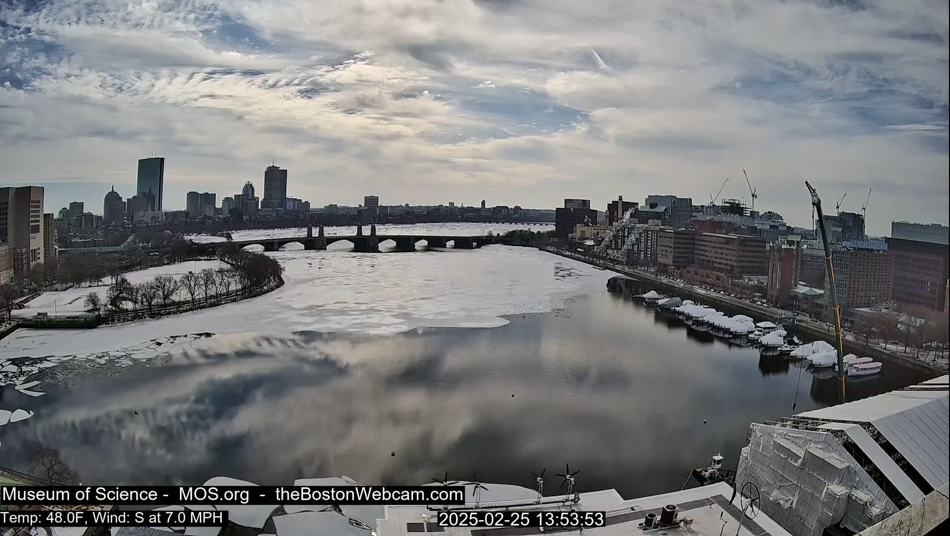 A partly cloudy day shows a partially frozen river flowing past a city skyline with several bridges, boats, and construction cranes visible.