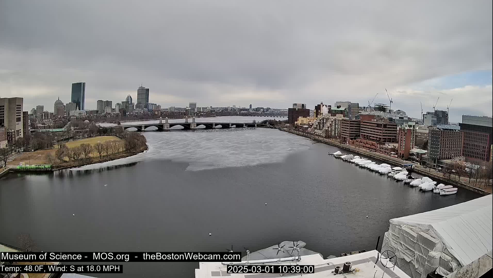A city skyline with numerous buildings is visible across a partially iced-over river, under an overcast sky.